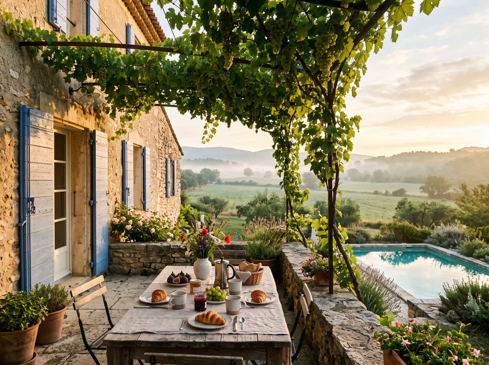 Petit-déjeuner sous la tonnelle d'un domaine de campagne au matin