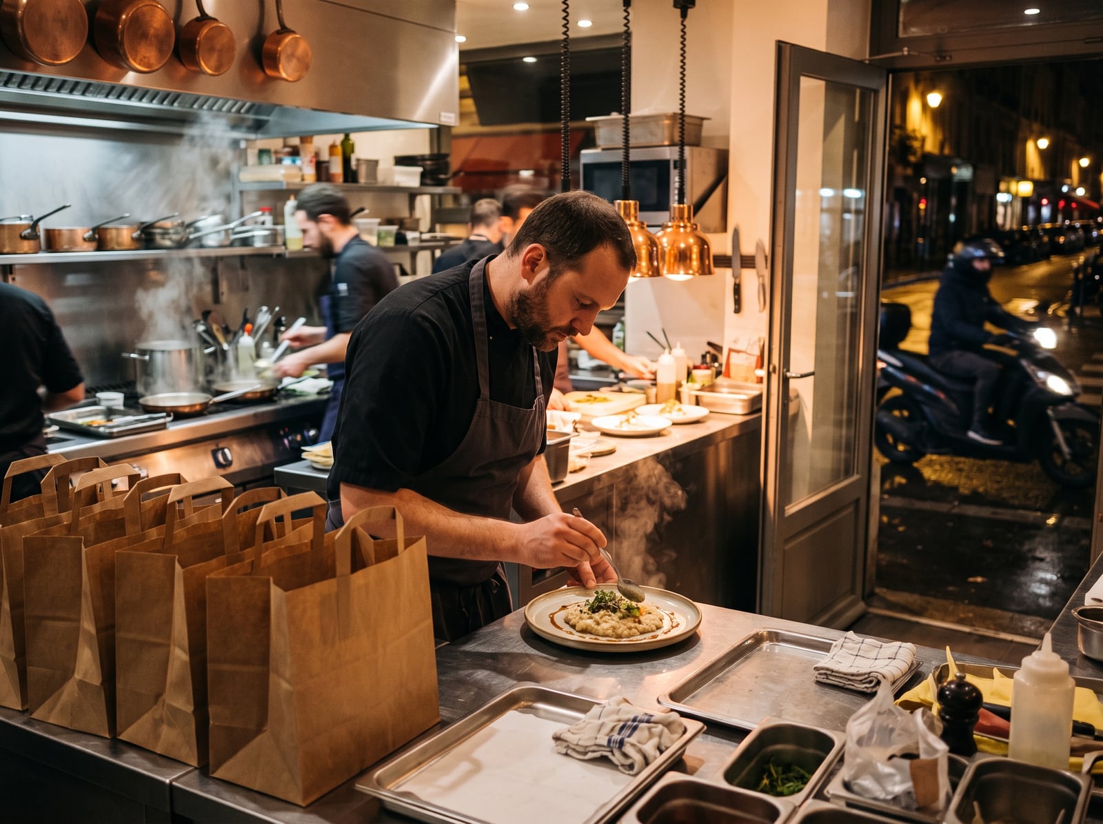 Coup de feu en cuisine avec commandes de livraison prêtes au passe