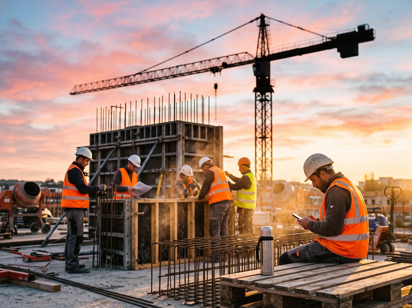 Ouvriers du bâtiment au lever du jour sur un chantier de gros œuvre