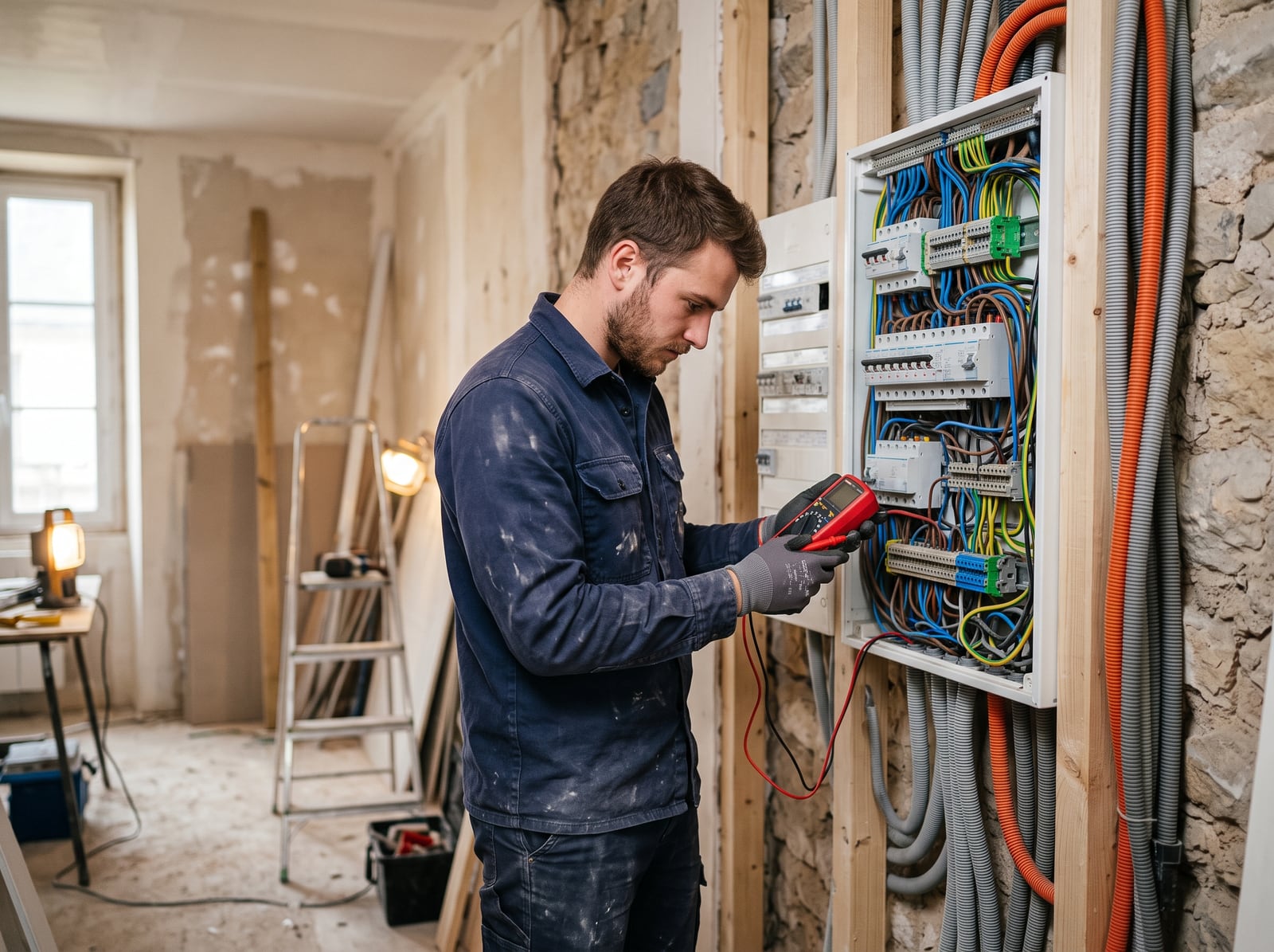 Électricien contrôlant un tableau électrique sur un chantier de rénovation