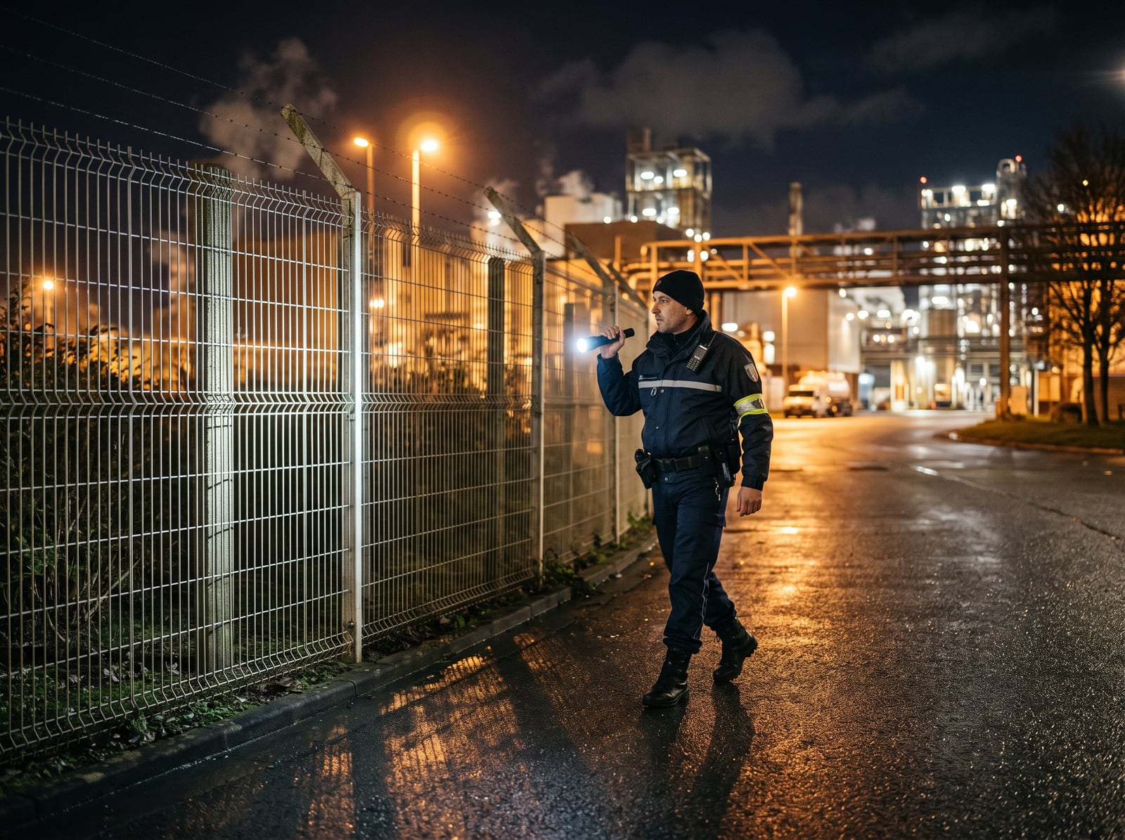 Agent de sécurité en ronde nocturne devant un site industriel