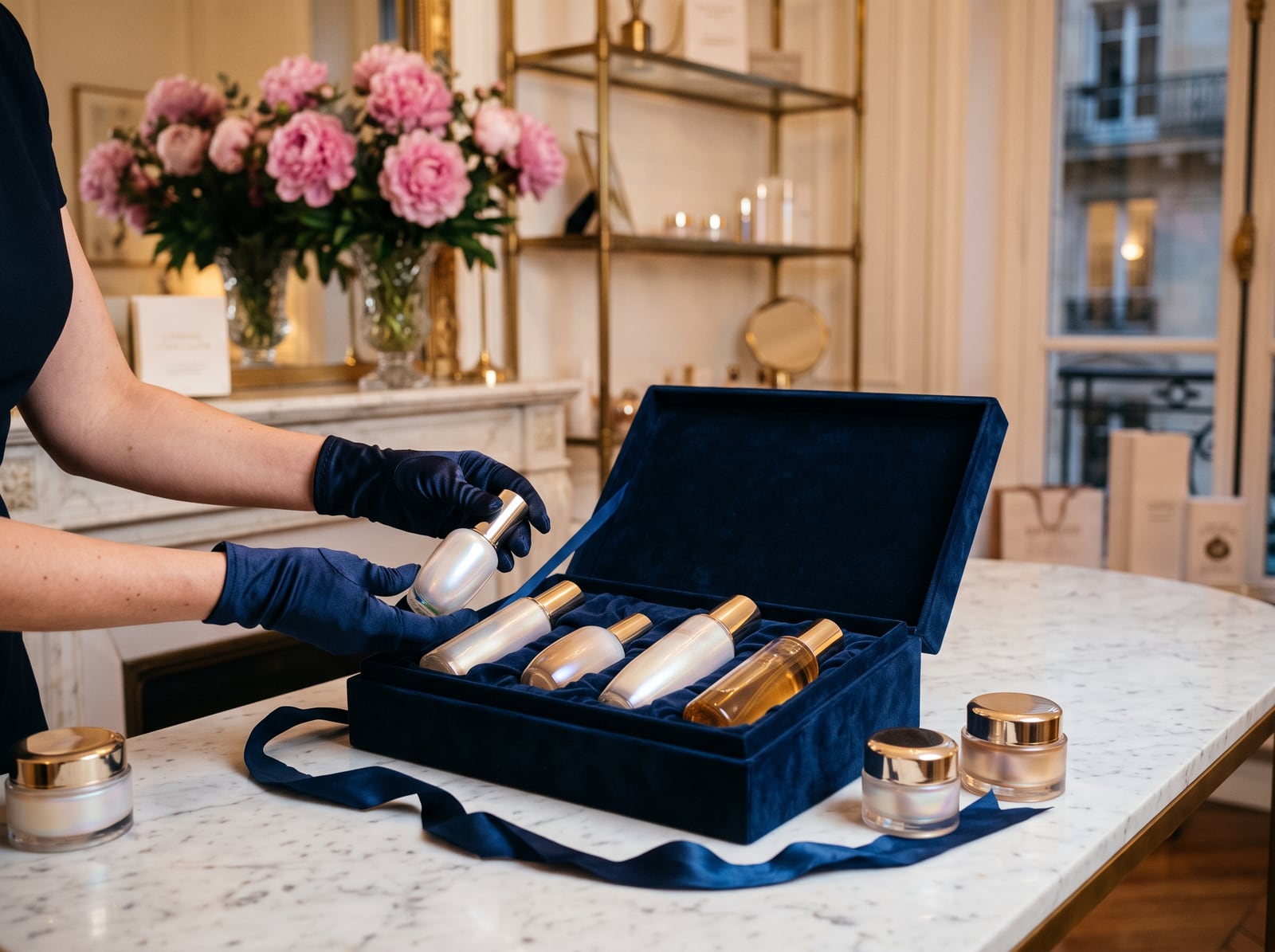 Préparation d'un coffret de soins dans une maison de beauté parisienne