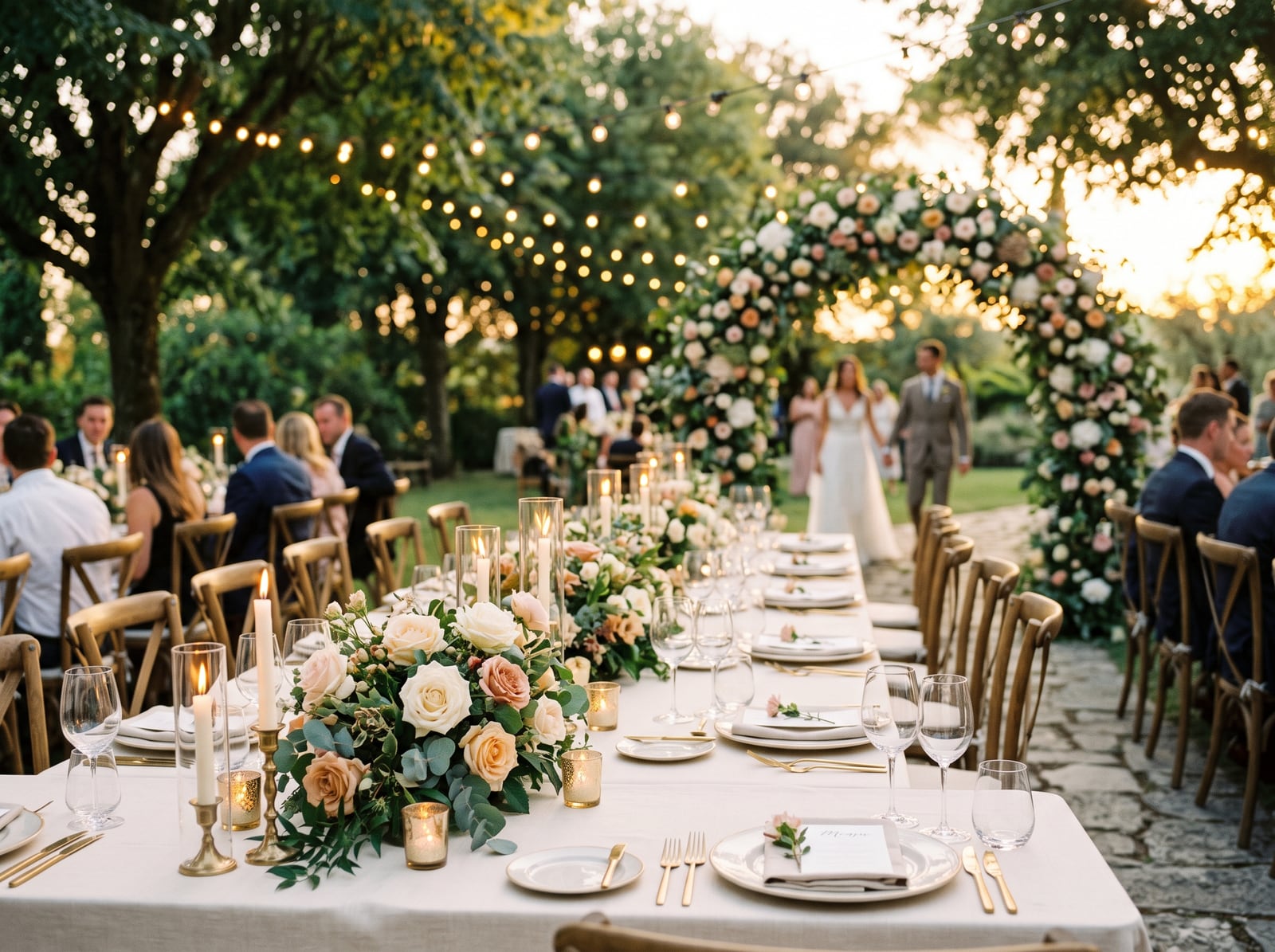Table de réception de mariage dressée sous les arbres au soir