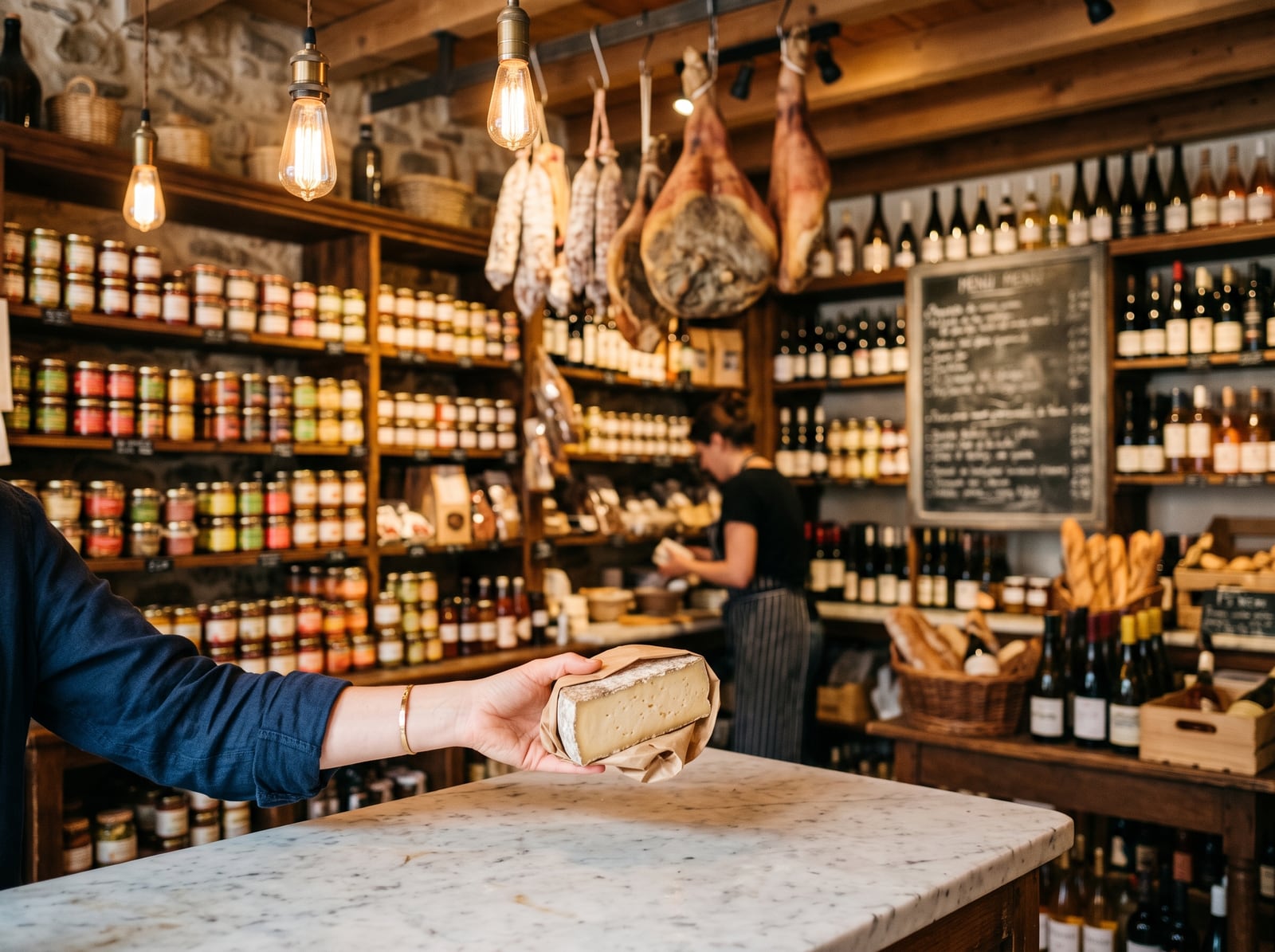 Comptoir d'épicerie fine aux étagères garnies de produits artisanaux