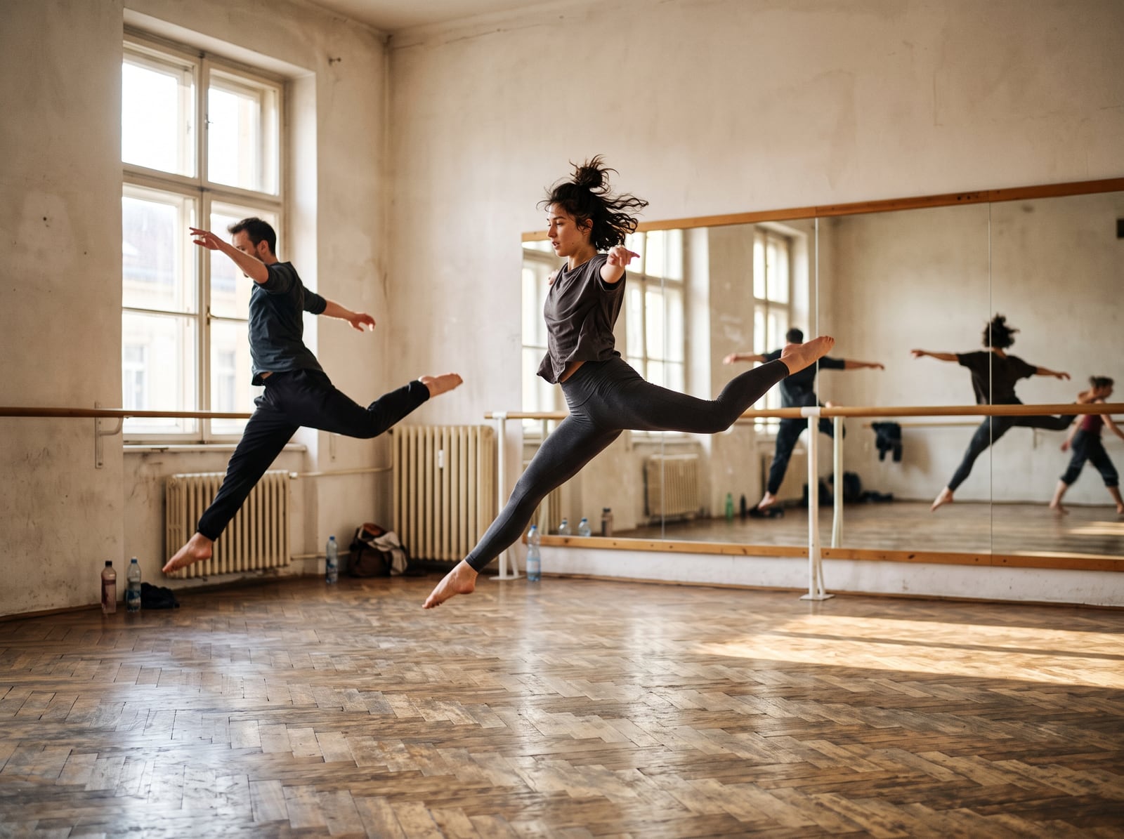 Danseurs en mouvement dans un studio inondé de lumière naturelle