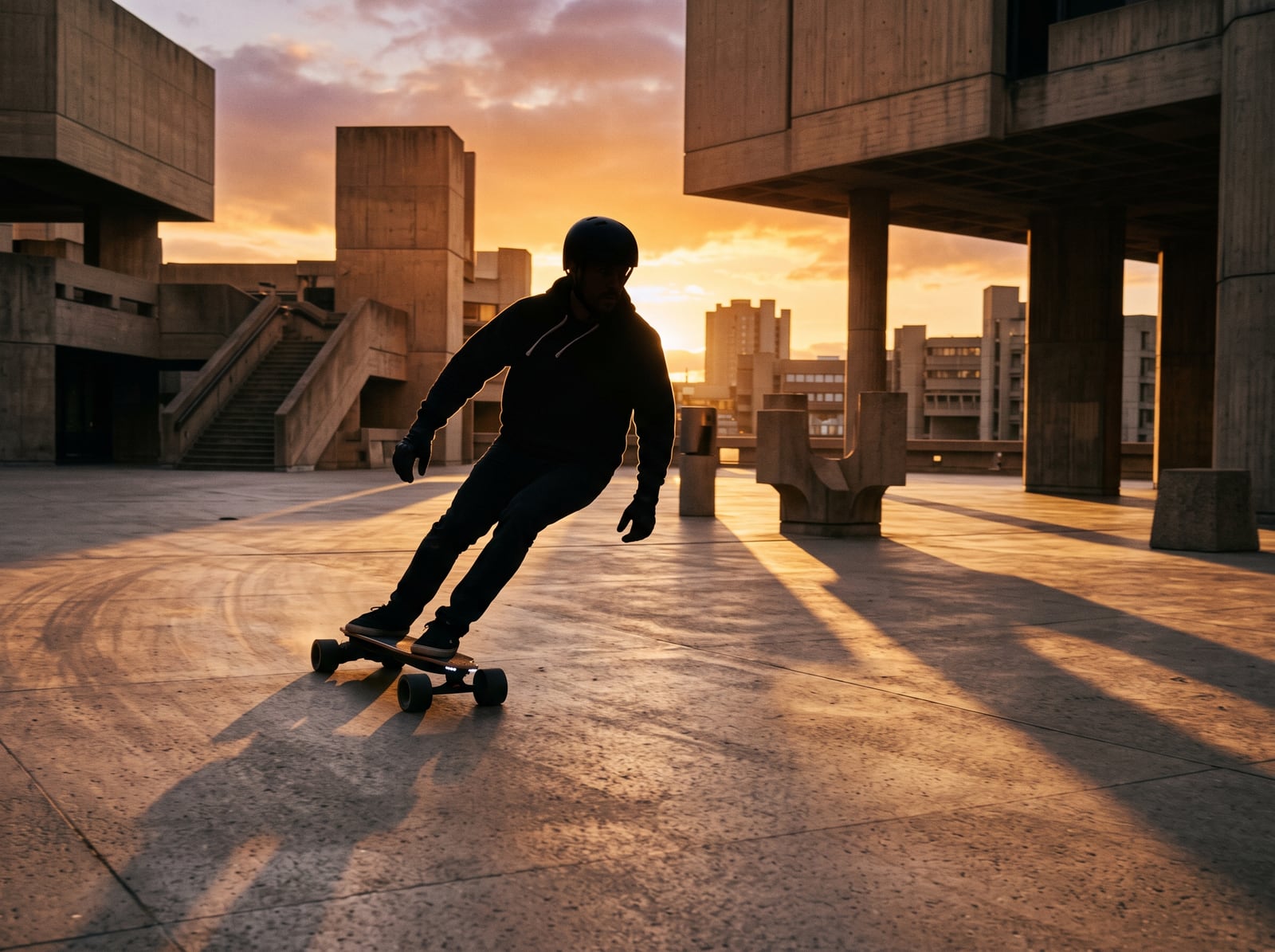 Rider en skateboard électrique traversant une esplanade urbaine au couchant