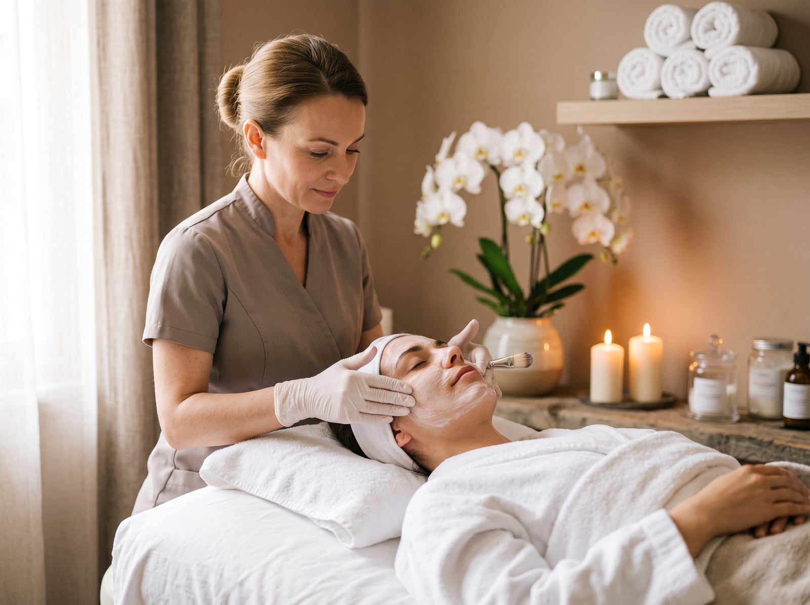 Soin du visage dans une cabine d'institut à la lumière tamisée
