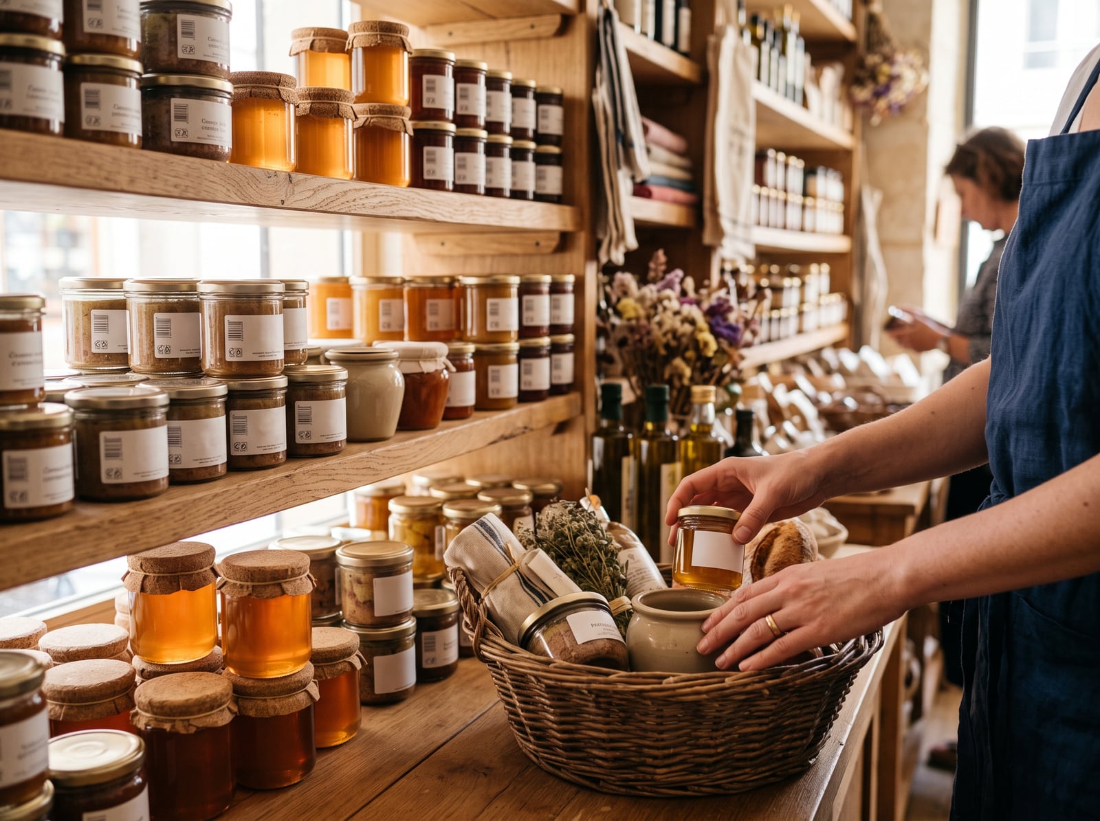 Composition d'un panier garni de produits régionaux dans une épicerie fine