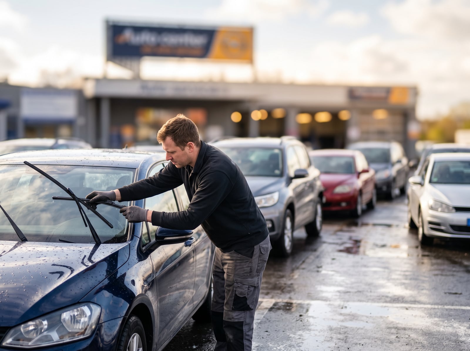 Technicien intervenant sur un véhicule devant un centre auto