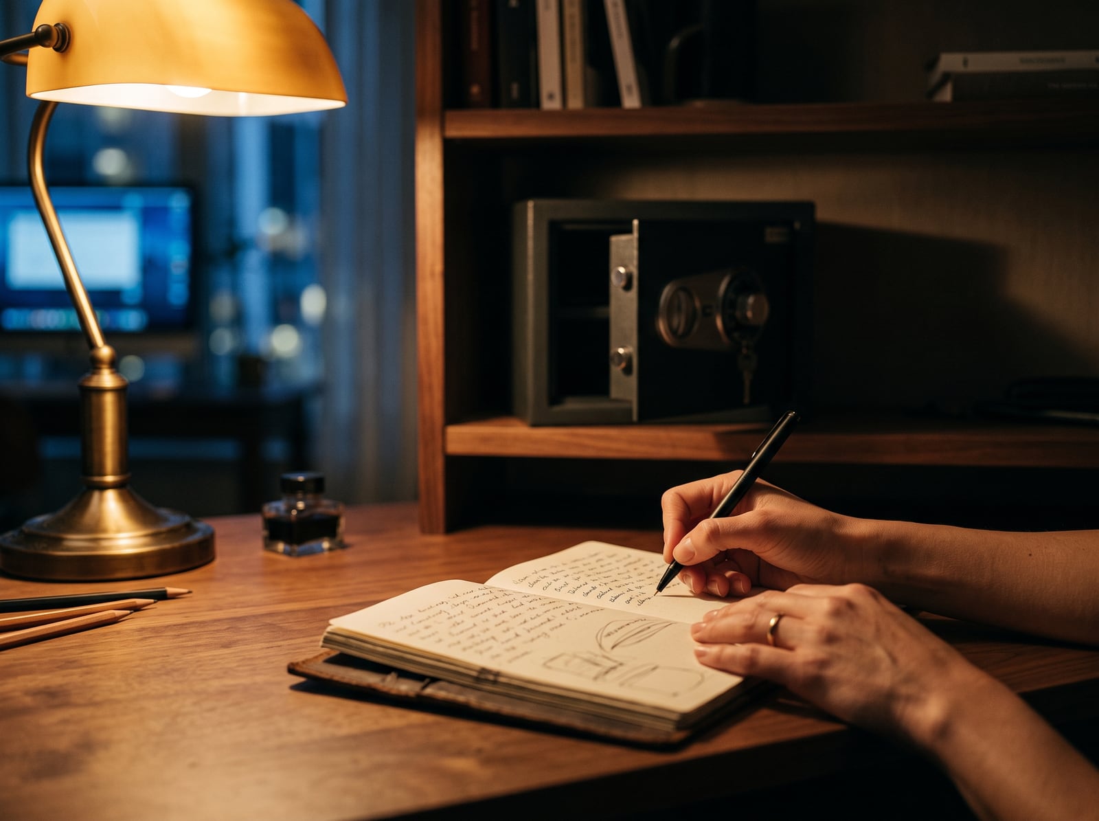 Sauvegarde manuscrite d'une phrase de sécurité près d'un coffre