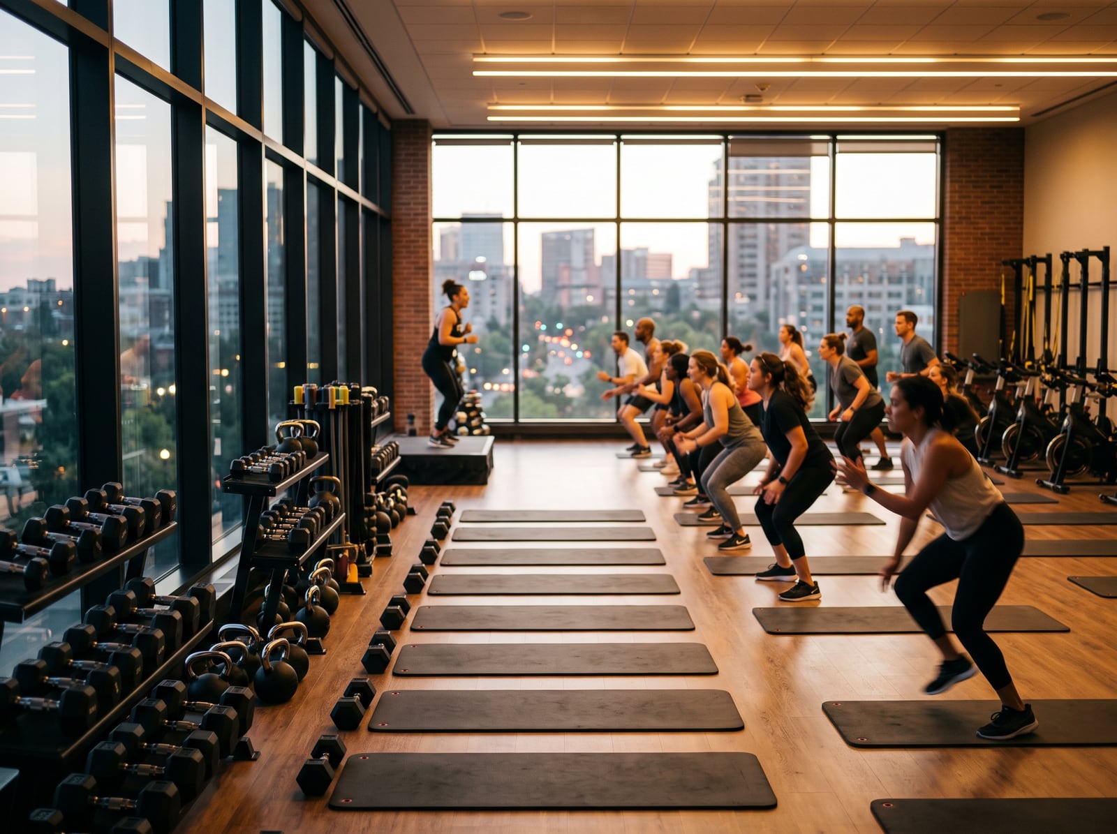 Cours collectif animé dans une salle de fitness au crépuscule
