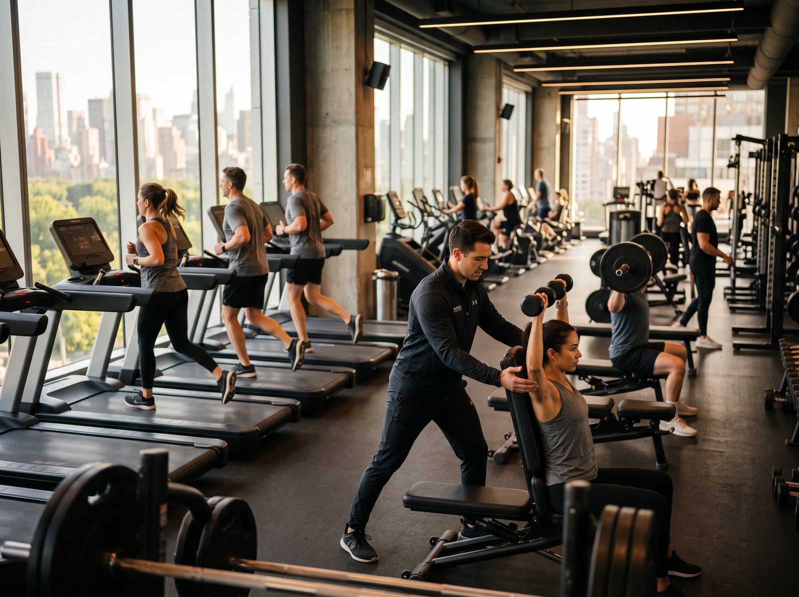 Adhérents à l'entraînement sur le plateau d'une salle de sport