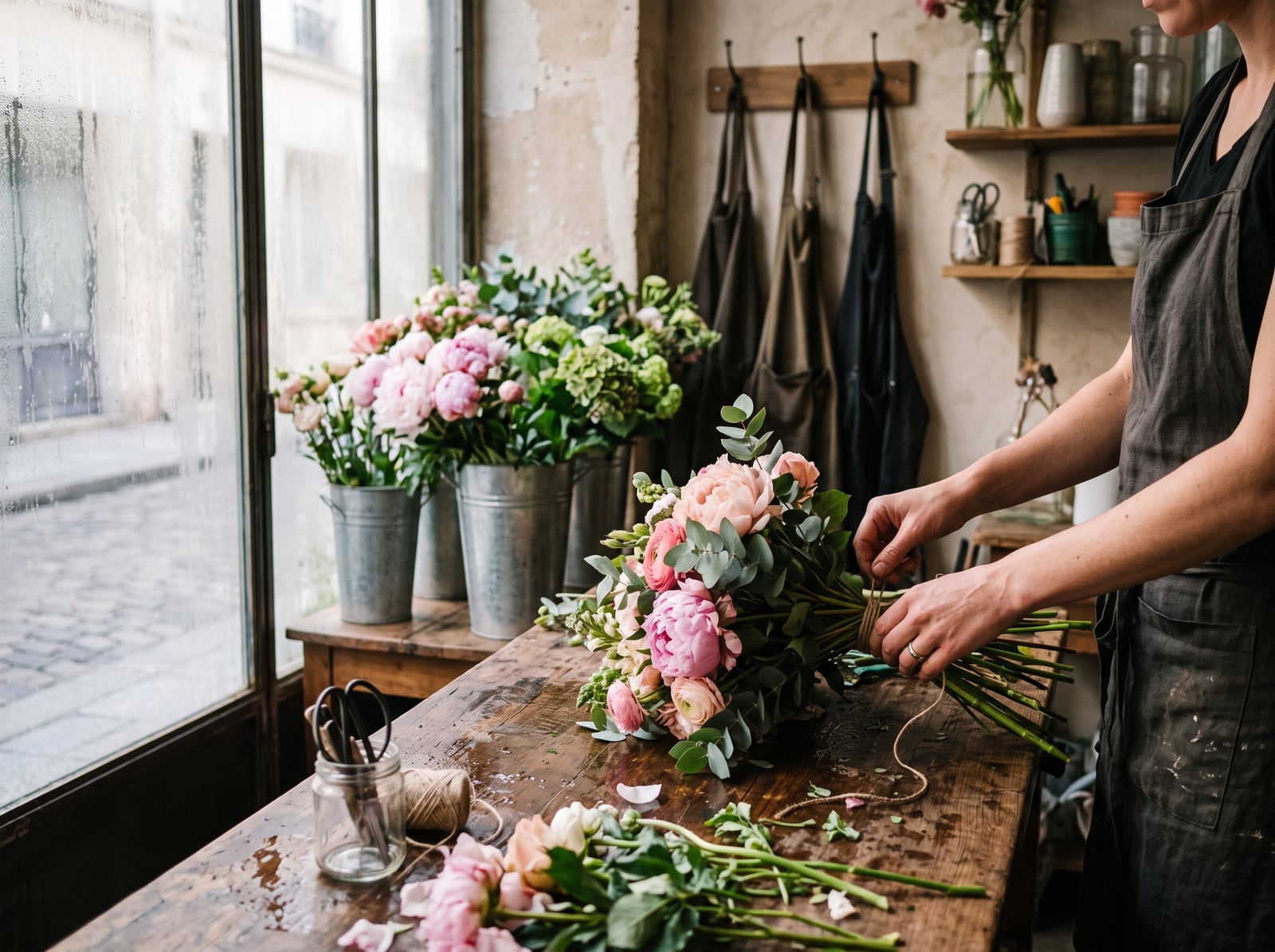 Fleuriste composant un bouquet frais dans son atelier au petit matin