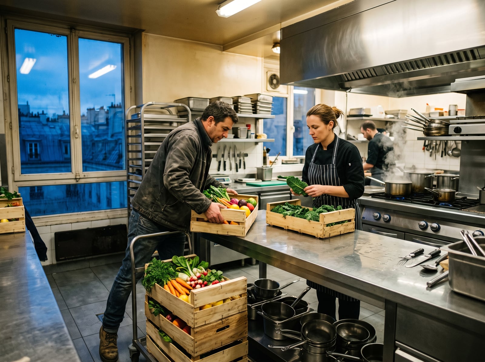 Livraison matinale de produits frais en cuisine de restaurant
