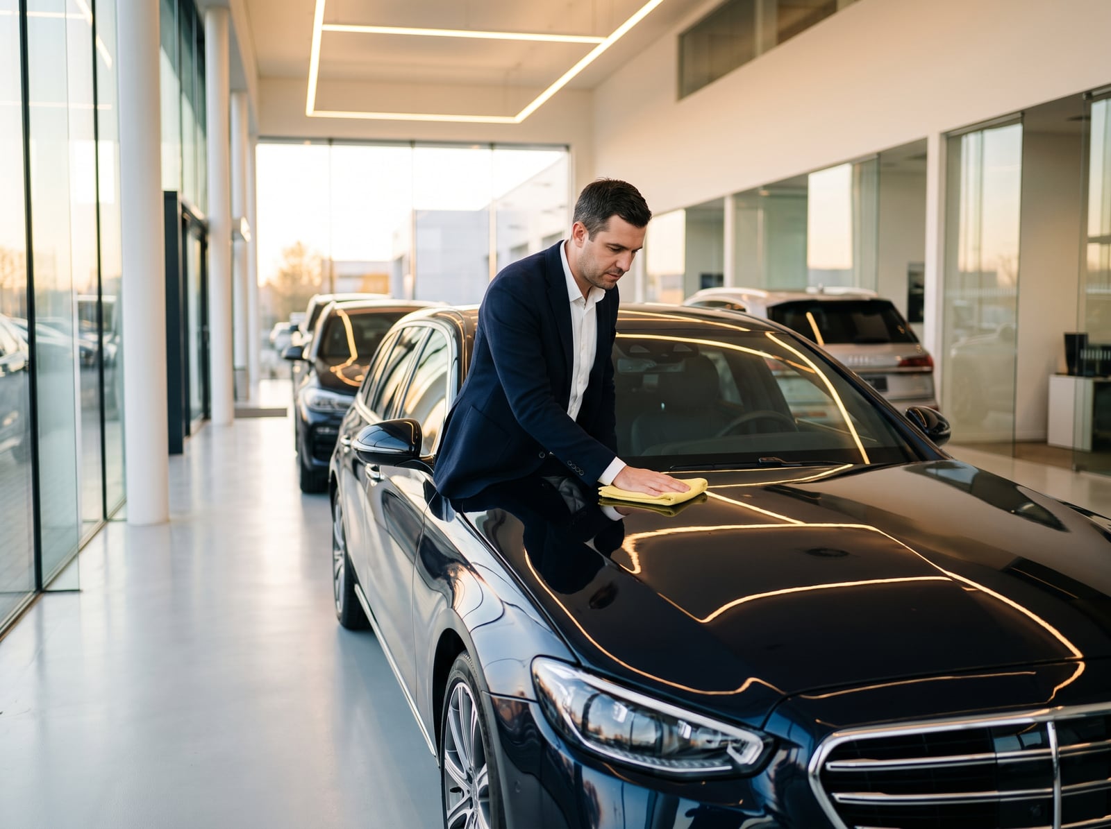 Vendeur lustrant une berline dans un showroom automobile