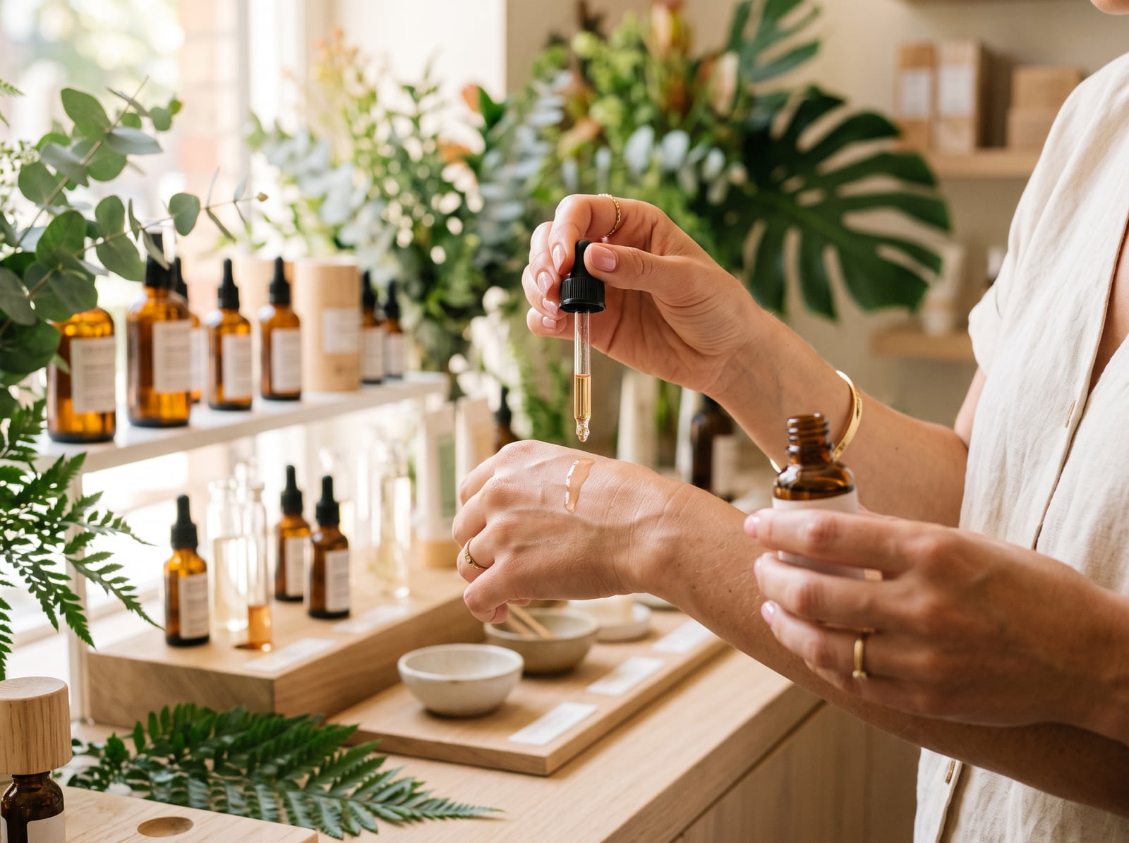 Femme testant un sérum cosmétique parmi des flacons en verre ambré