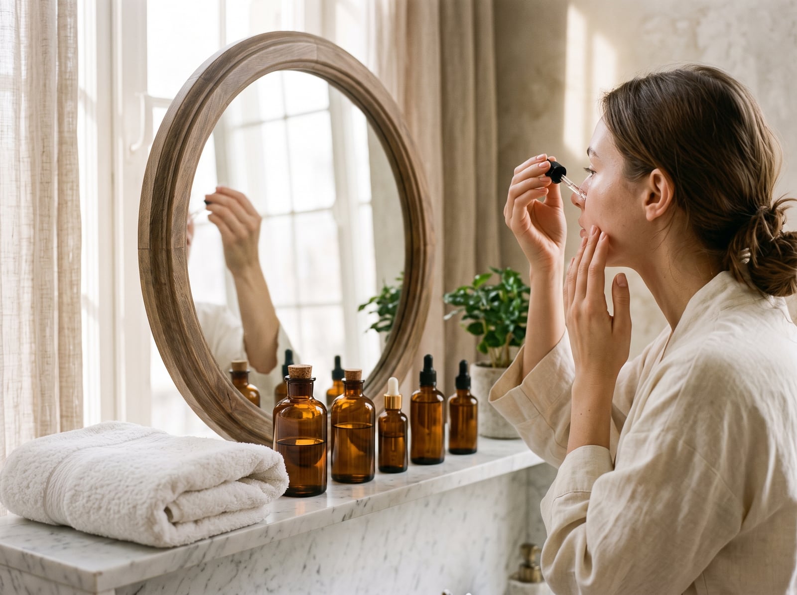 Rituel de soin du visage dans une salle de bain lumineuse