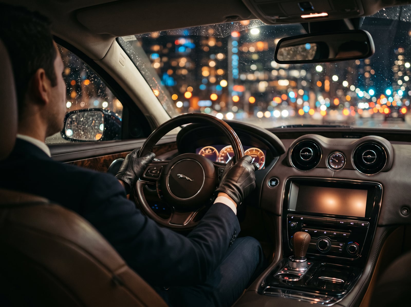 Chauffeur au volant d'une berline de nuit dans les lumières urbaines