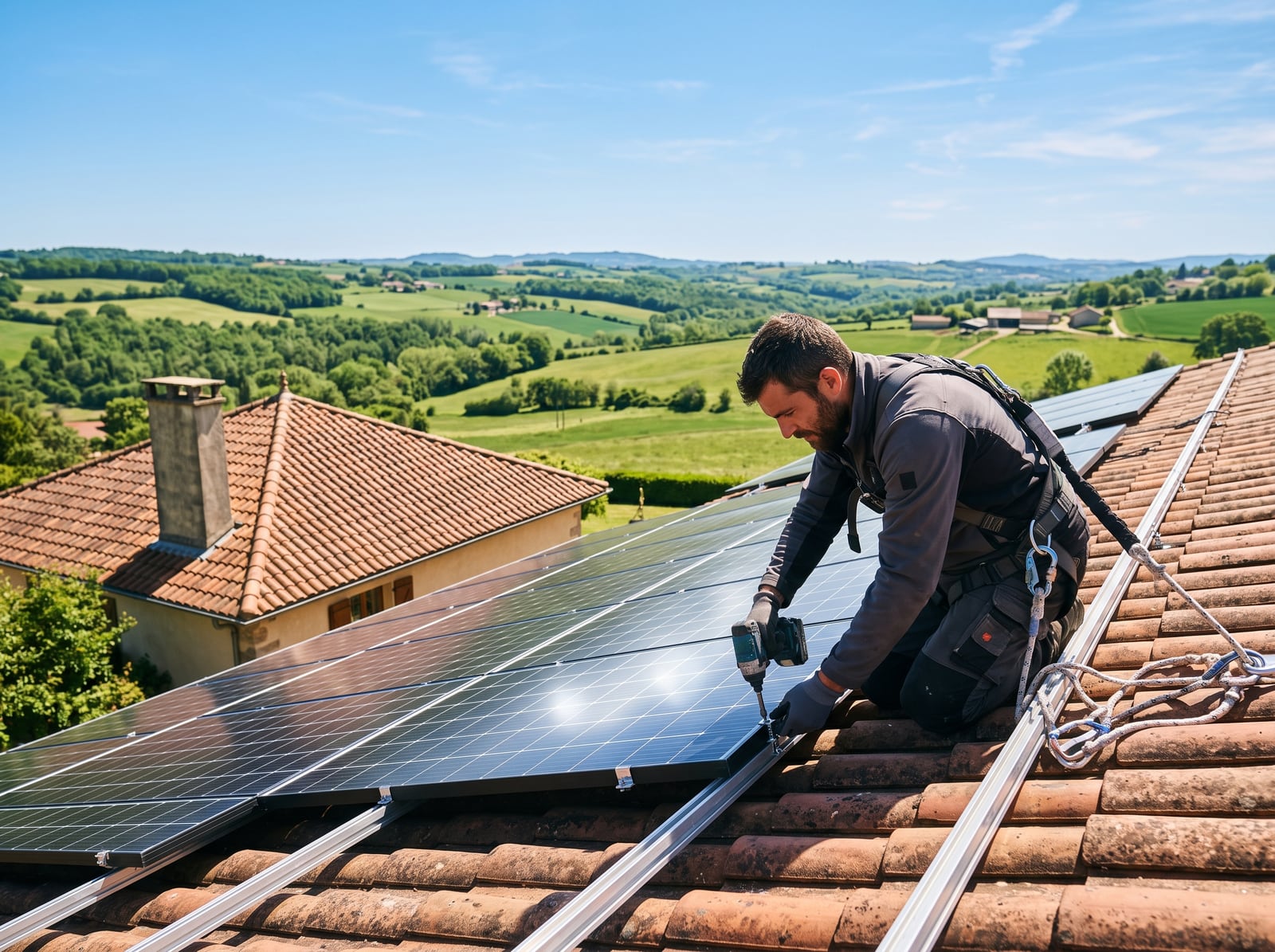 Installateur fixant des panneaux solaires sur un toit ensoleillé