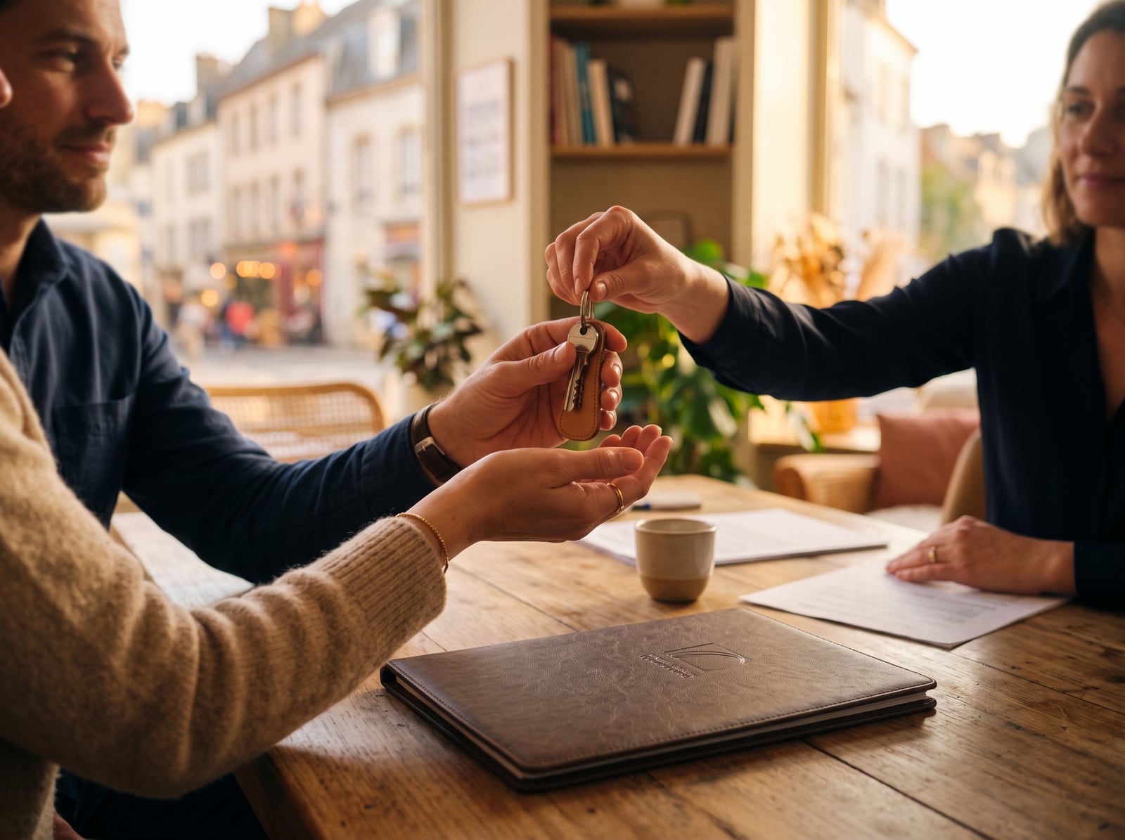 Couple recevant les clés de son logement dans une agence immobilière