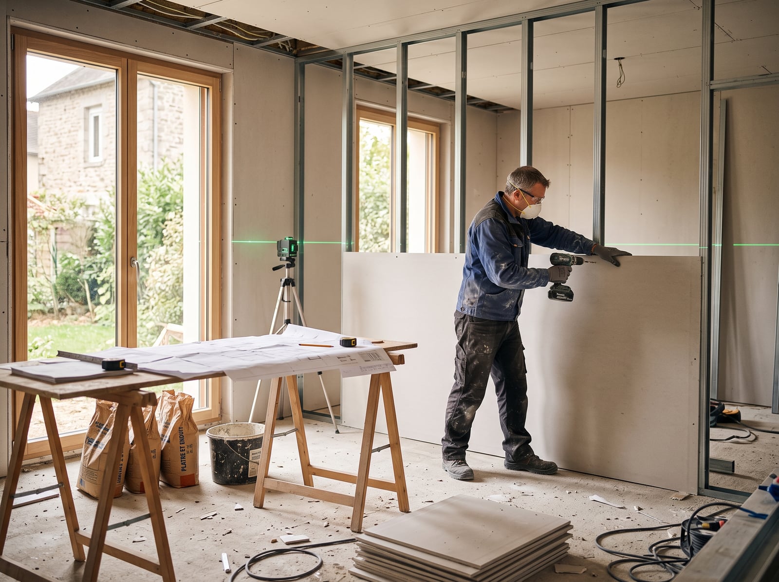 Artisan montant une cloison dans une pièce en rénovation lumineuse