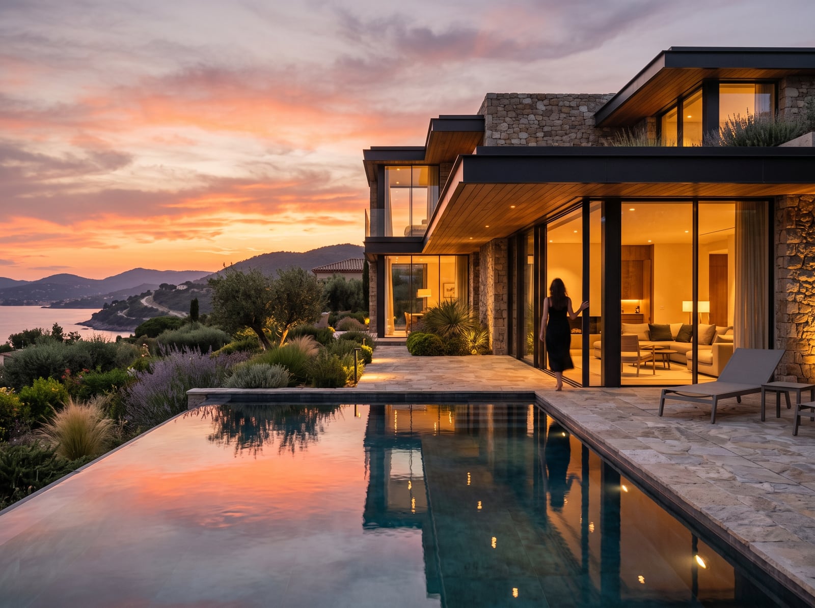 Villa contemporaine illuminée au crépuscule avec piscine à débordement
