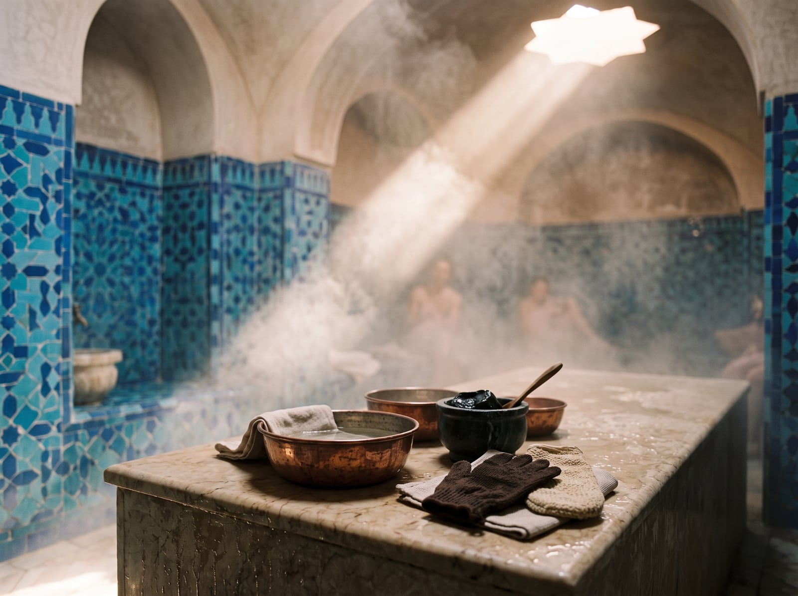 Vapeur et lumière dans un hammam aux zelliges, produits de rituel posés