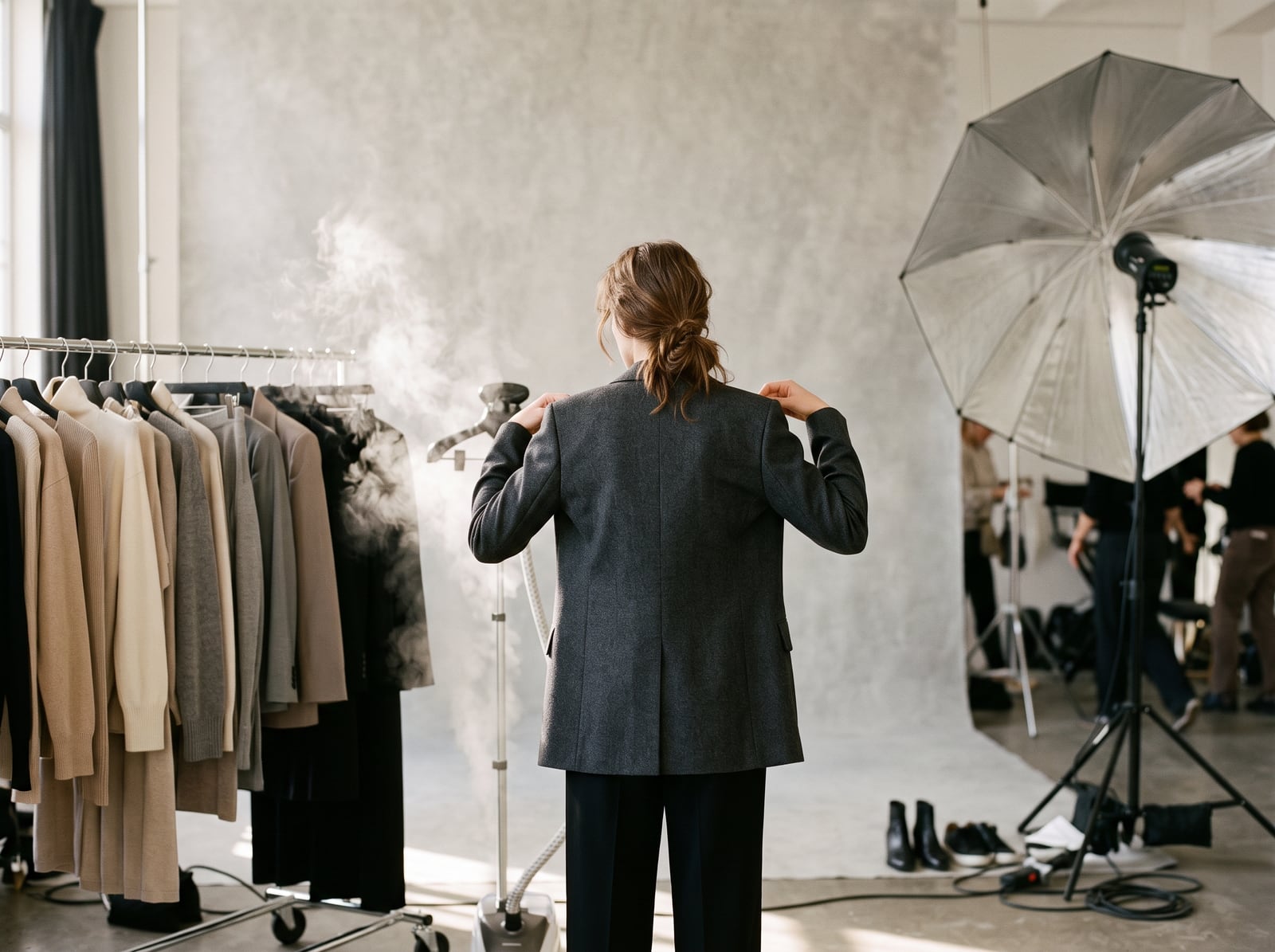 Préparation de silhouettes sur un shooting de mode en studio