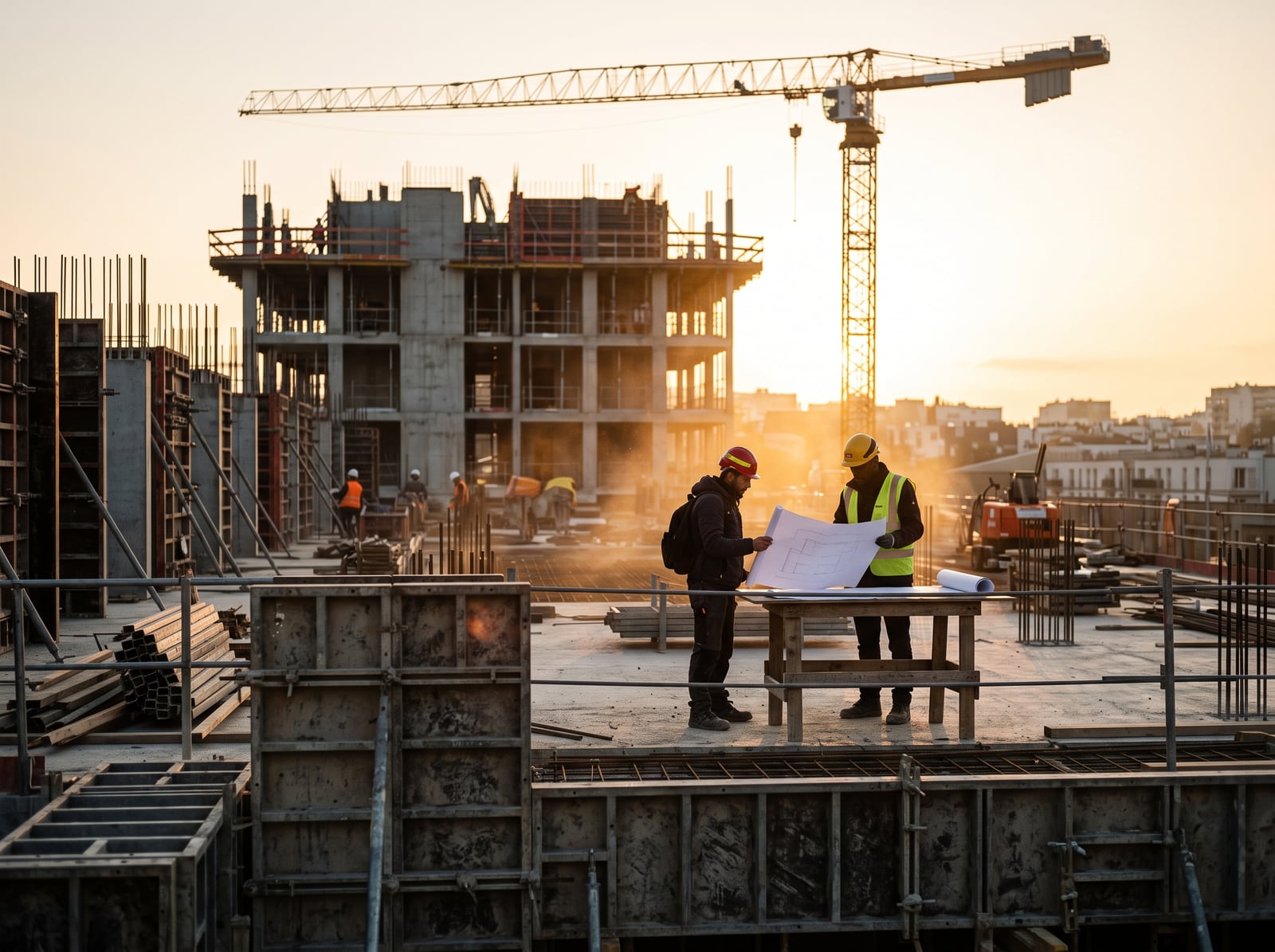 Ouvriers consultant un plan sur un chantier de construction au lever du soleil