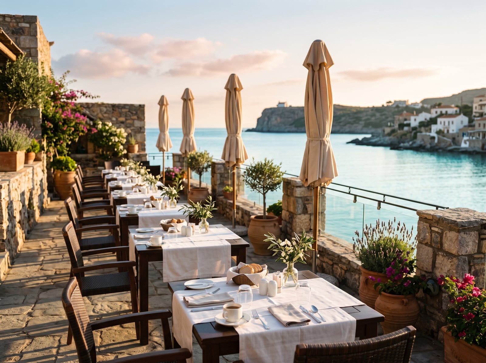 Terrasse d'hôtel face à la mer au lever du jour