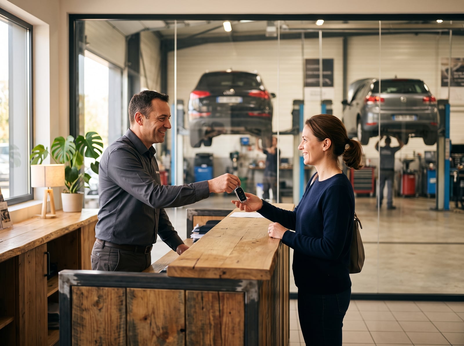 Conseiller remettant sa clé à une cliente au comptoir d'un atelier automobile