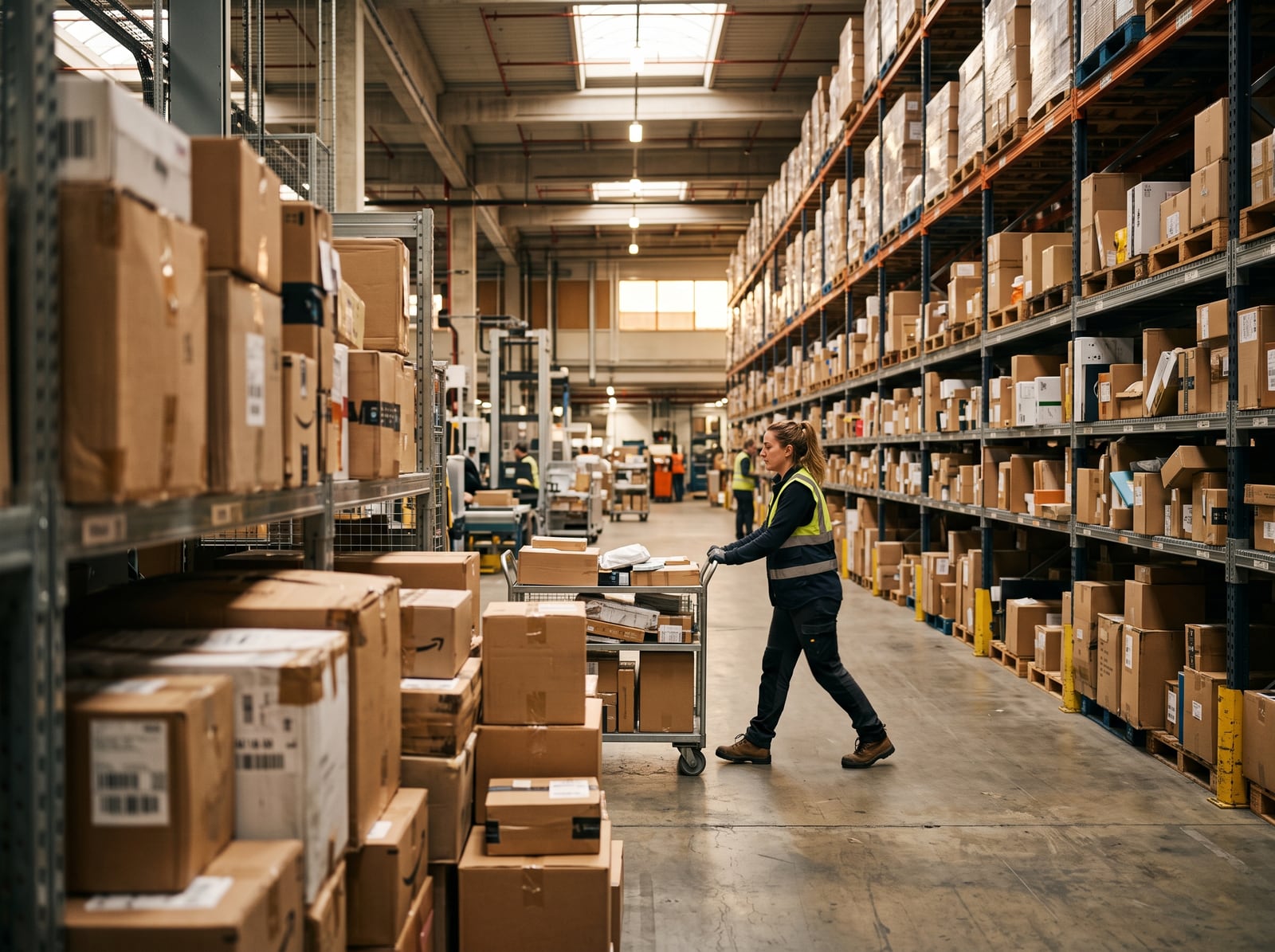 Entrepôt e-commerce avec rayonnages de colis prêts à expédier