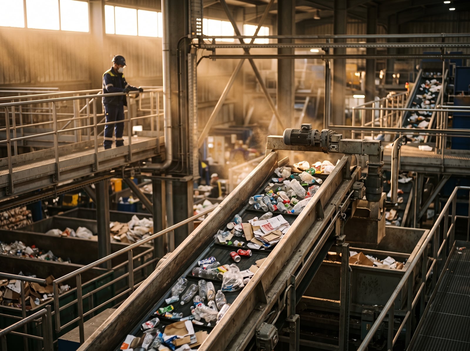 Convoyeur de matériaux recyclables dans un centre de tri moderne