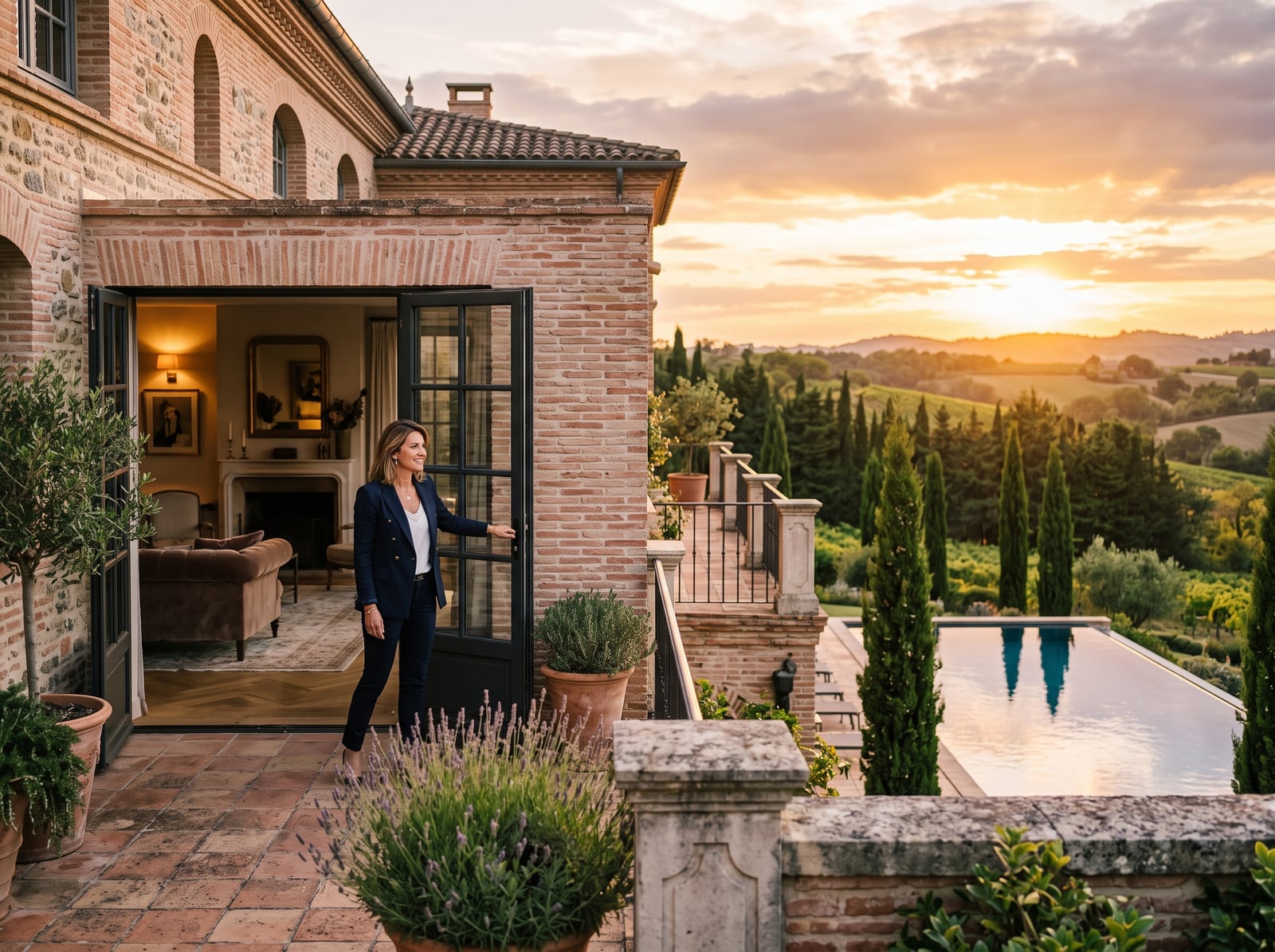 Agent immobilier ouvrant une demeure de prestige sur une terrasse au couchant
