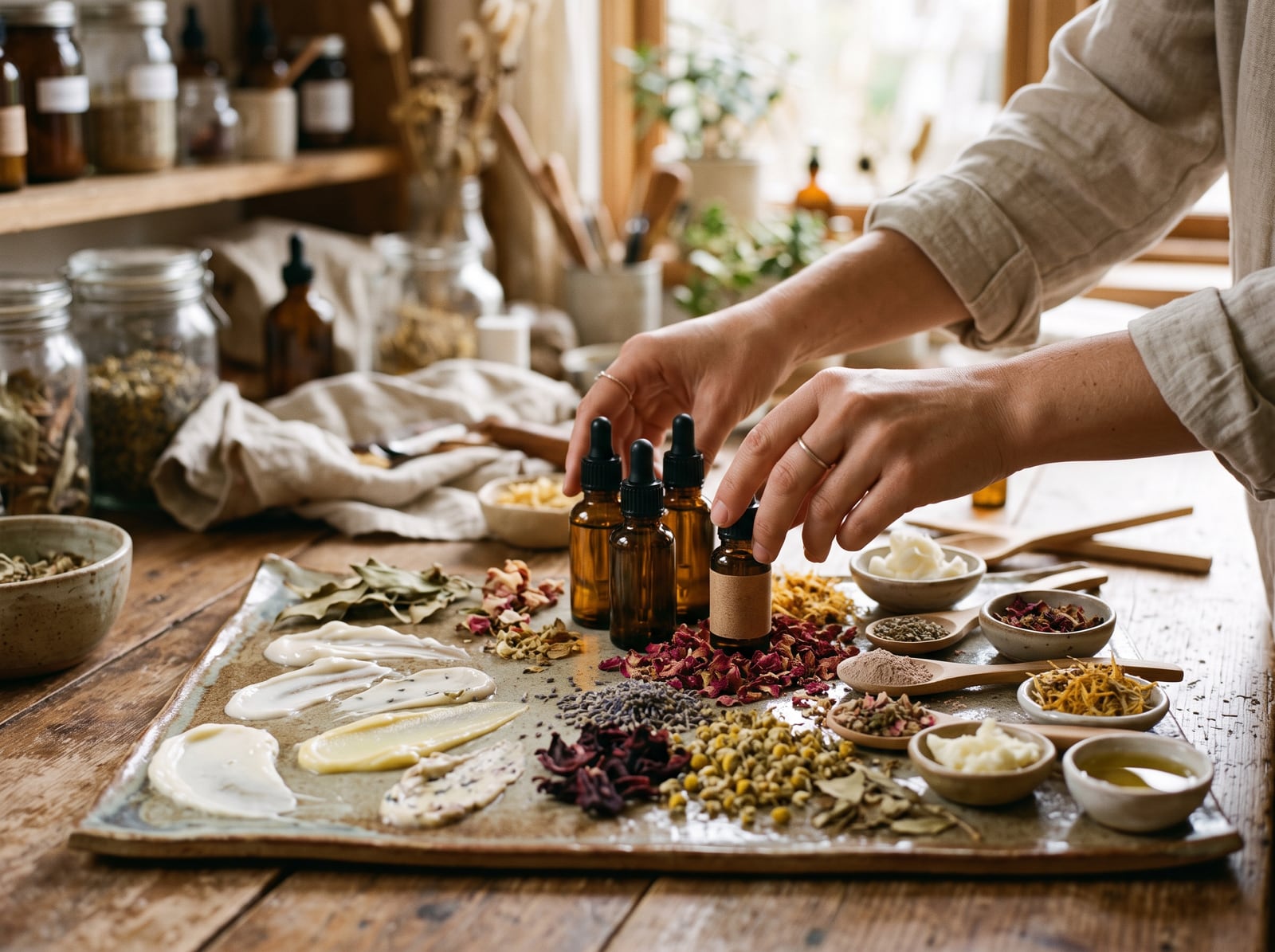 Composition de cosmétiques bio entre pétales et ingrédients naturels