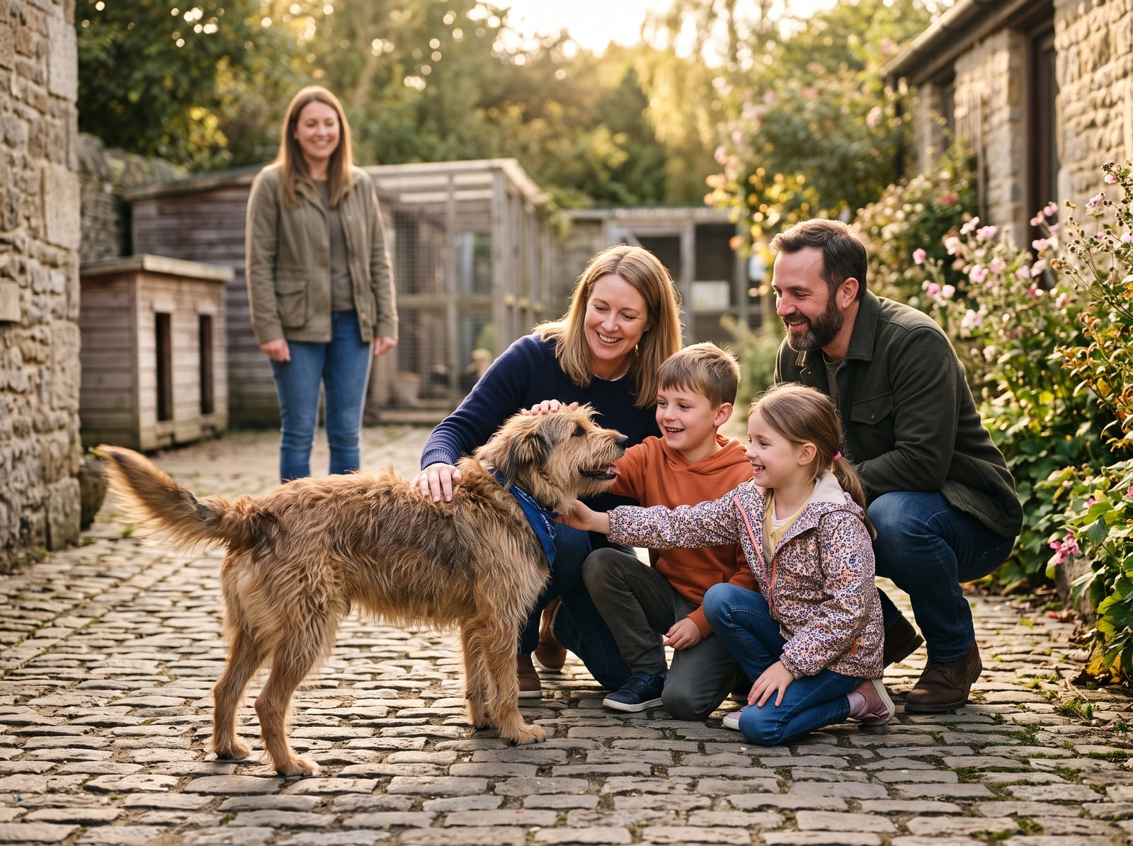 Famille accueillant un chien de refuge dans une allée ensoleillée