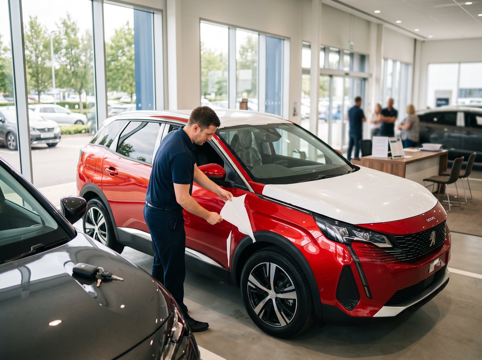 Employé préparant un SUV neuf avant sa remise au client