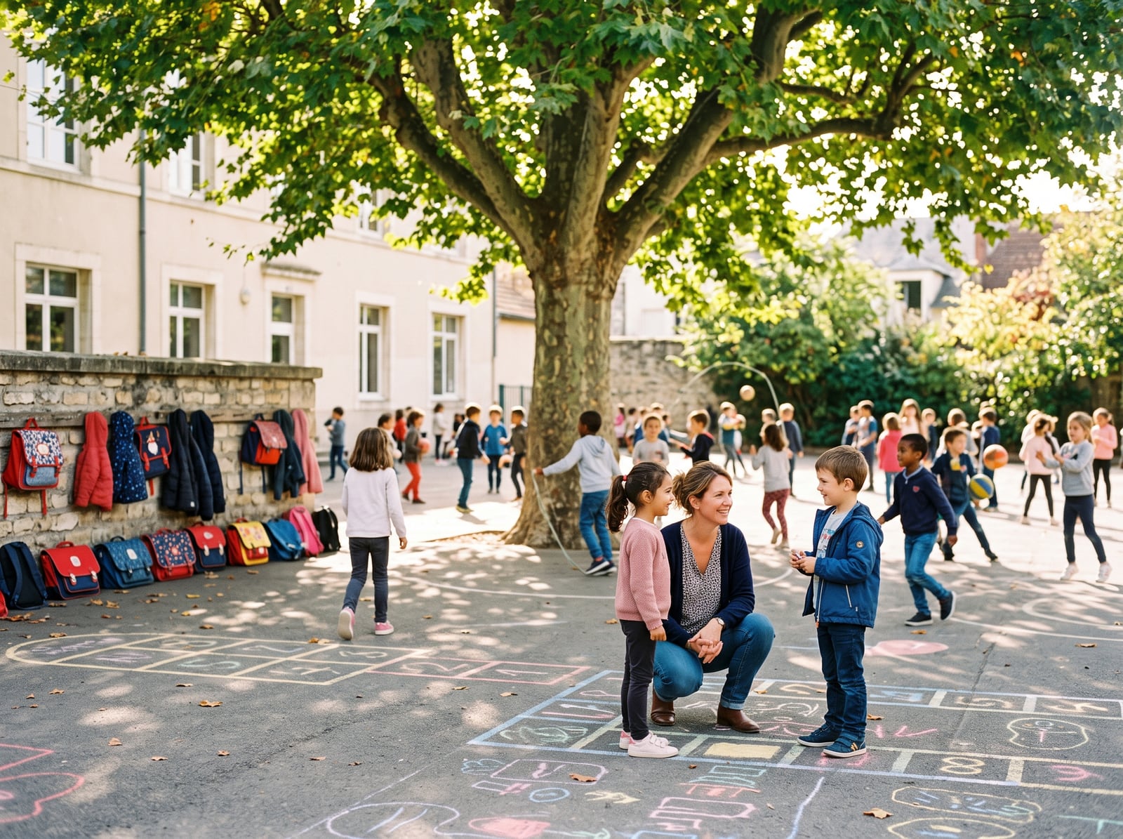 Enfants jouant dans une cour d'école sous le soleil