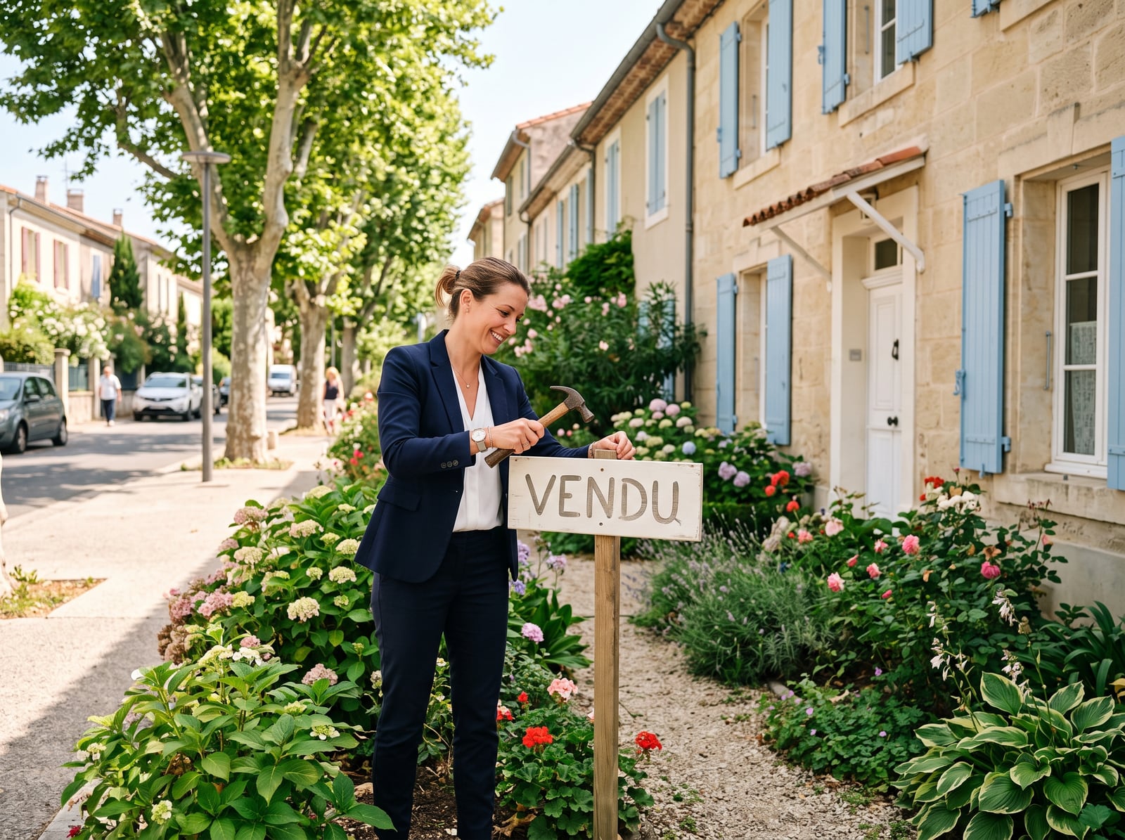 Agent immobilier installant un panneau devant une maison vendue