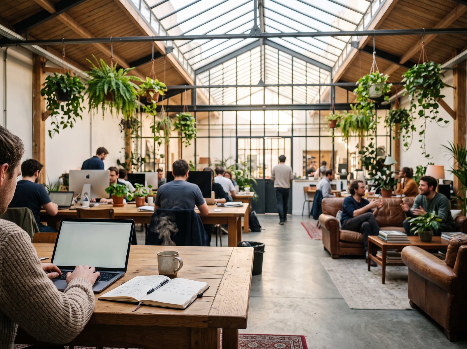 Résidents travaillant dans un espace de coworking lumineux et végétalisé