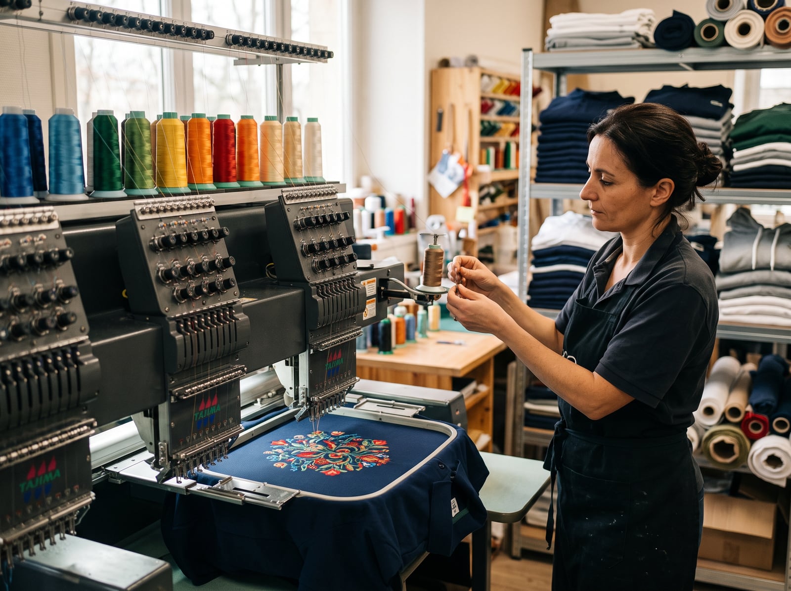 Machine à broder travaillant un polo dans un atelier textile