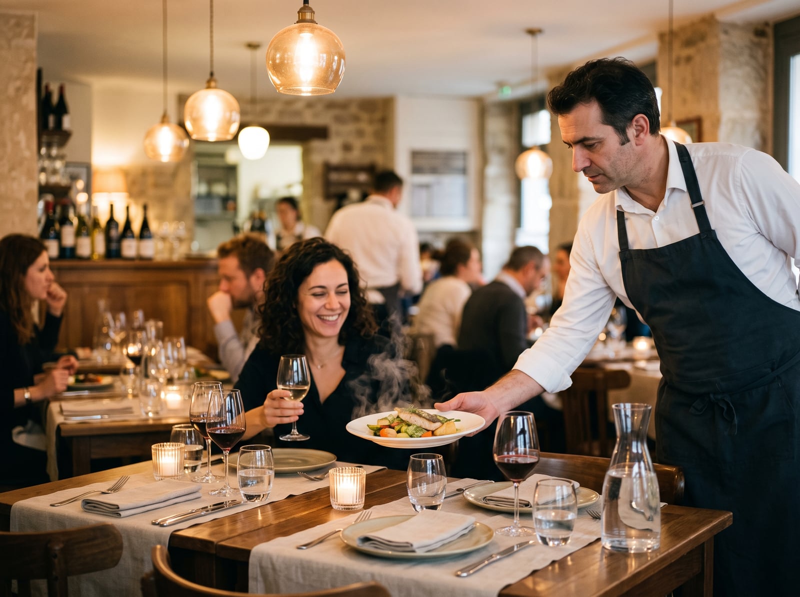 Service du soir dans une salle de restaurant à l'éclairage chaleureux