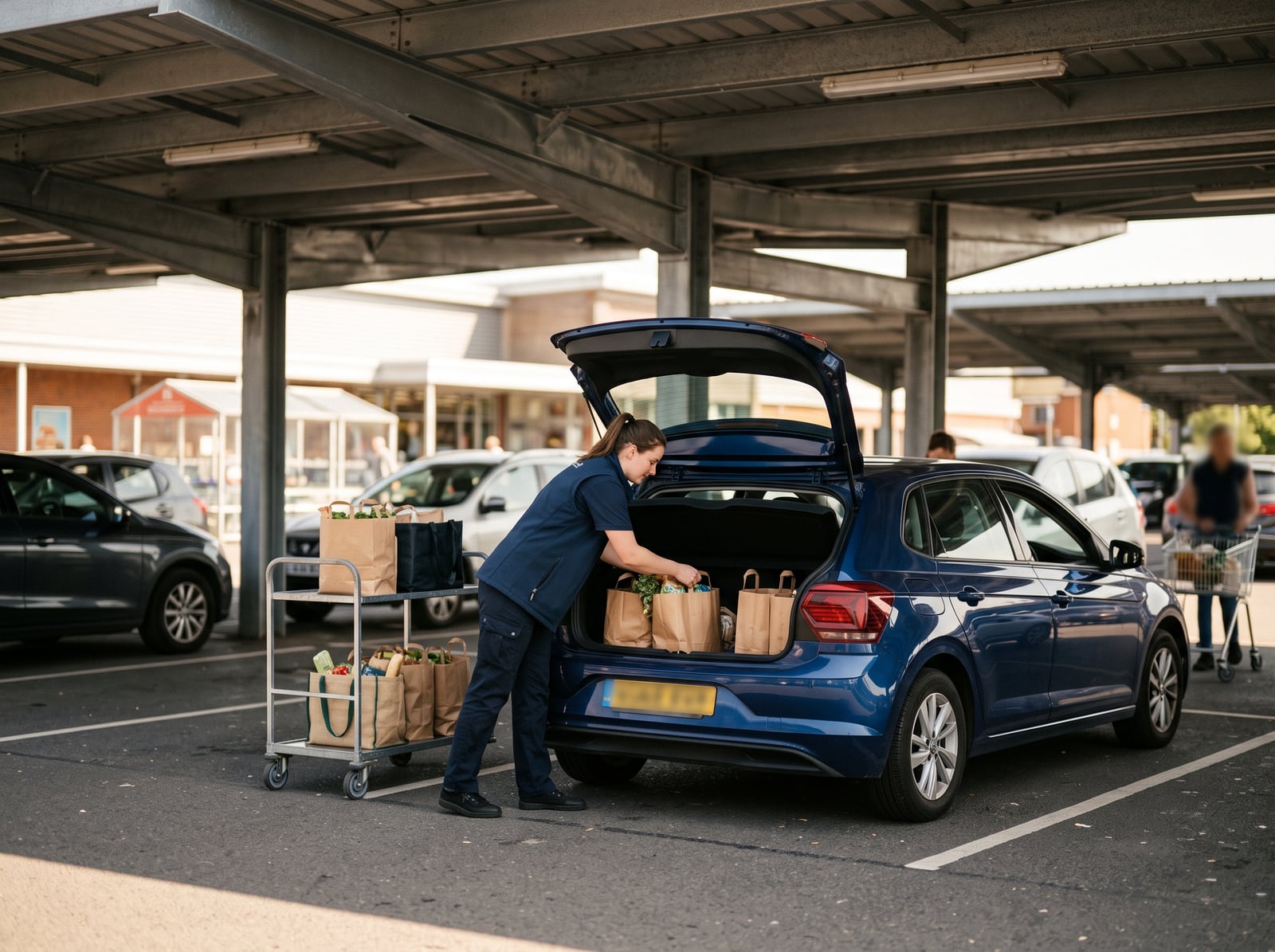 Chargement de courses dans un coffre au retrait drive