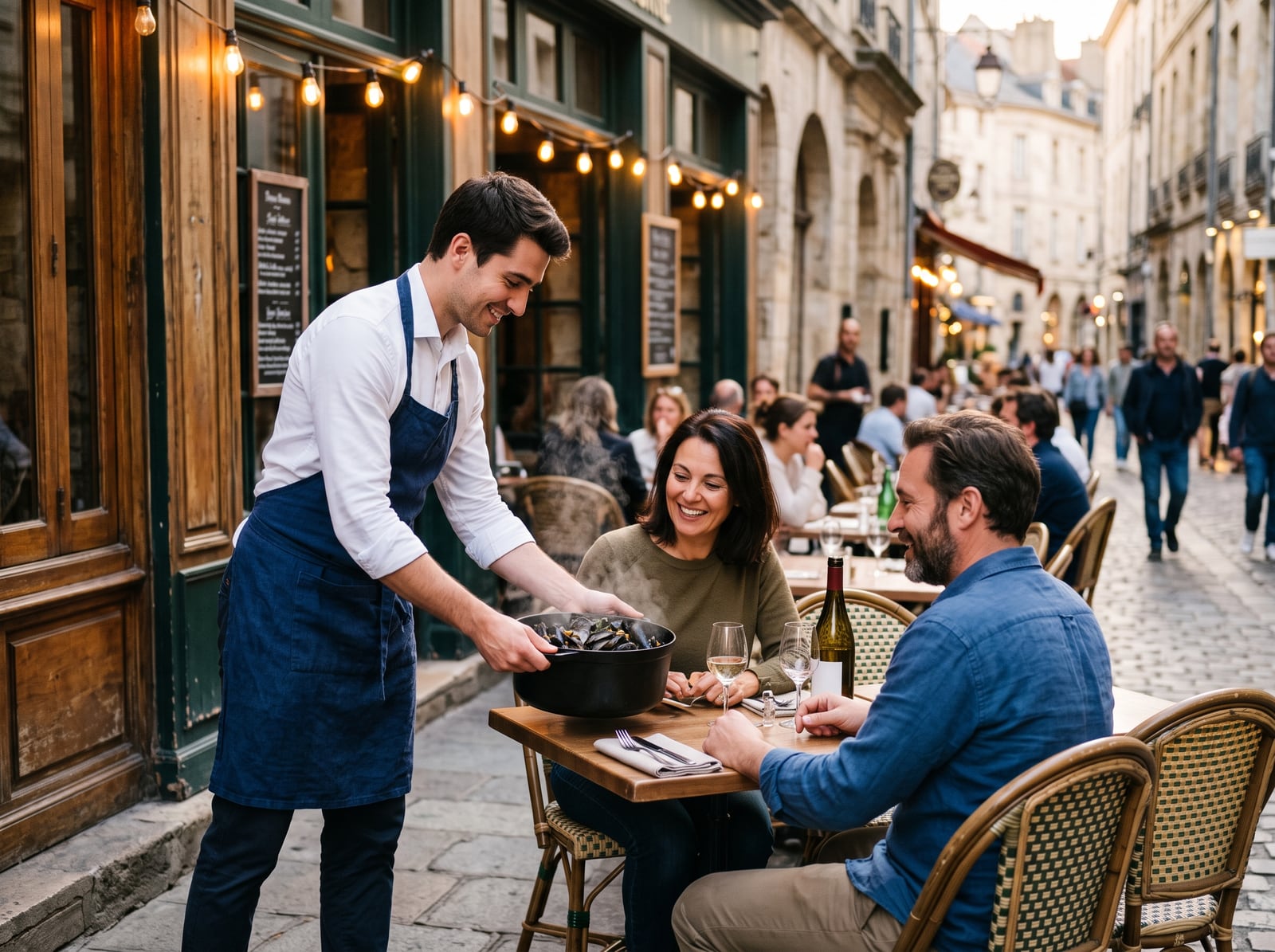 Serveur déposant une cocotte de moules en terrasse de brasserie