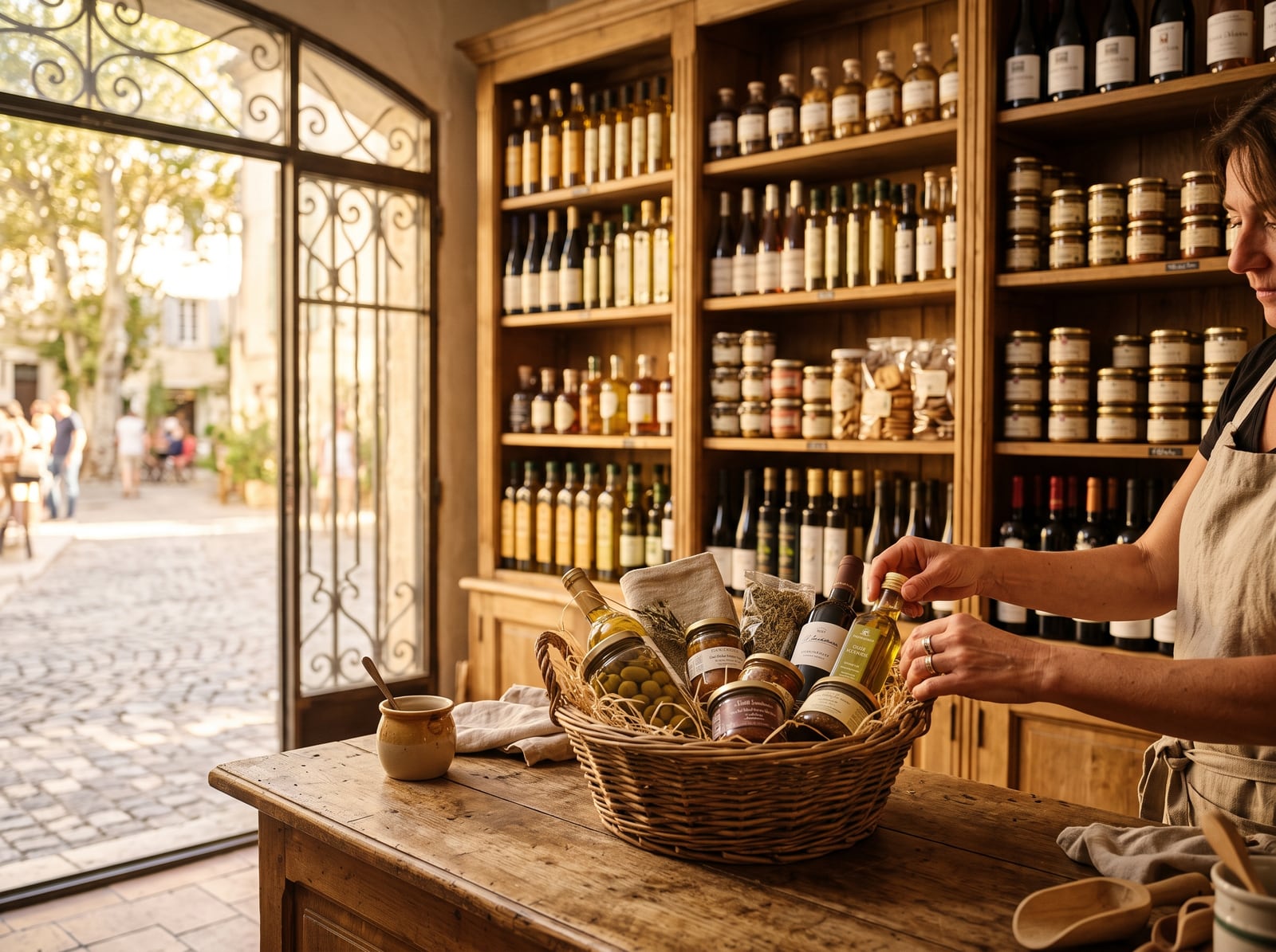 Préparation d'un panier gourmand dans une épicerie fine provençale