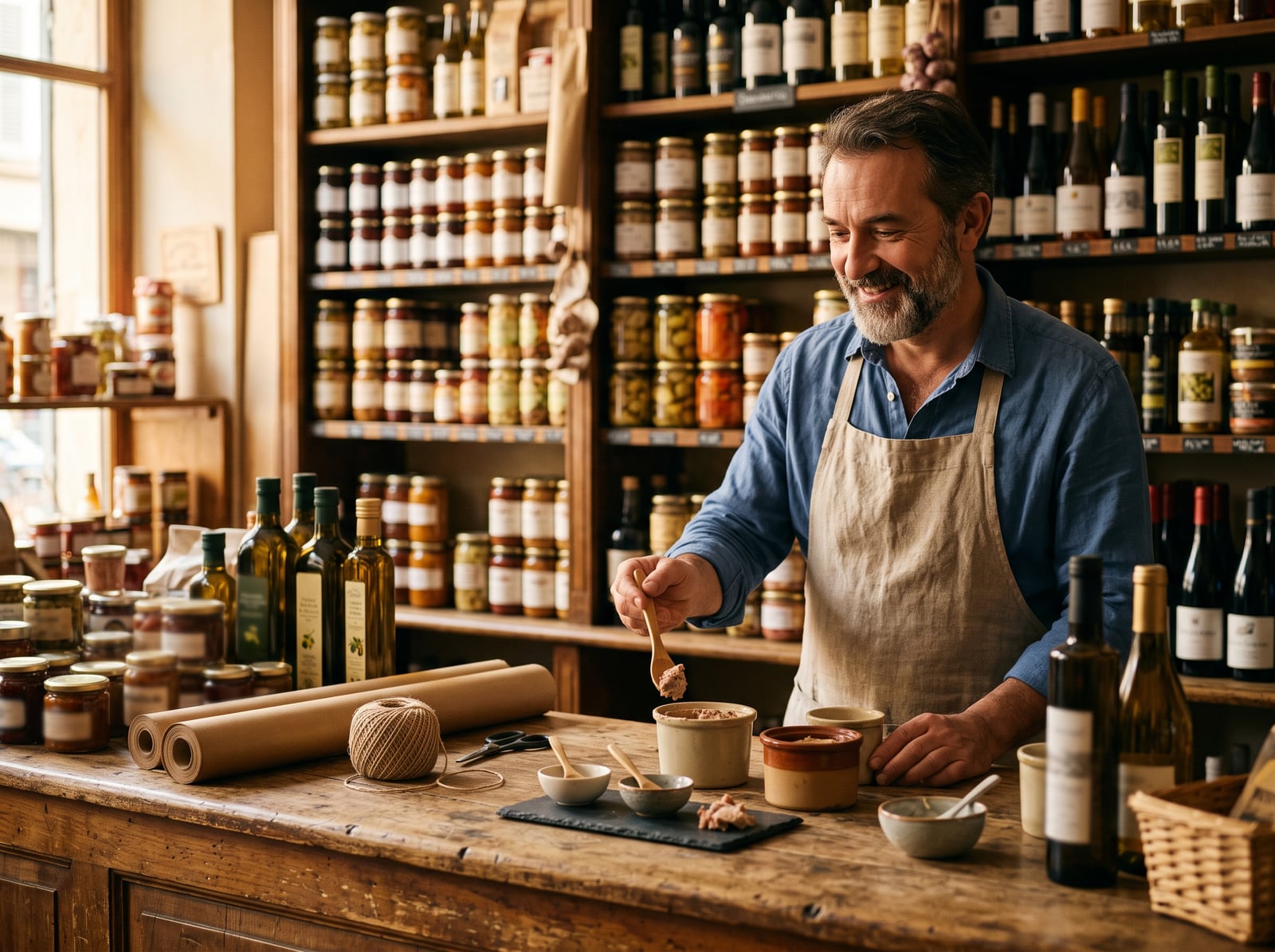 Épicier proposant une dégustation au comptoir de sa boutique garnie