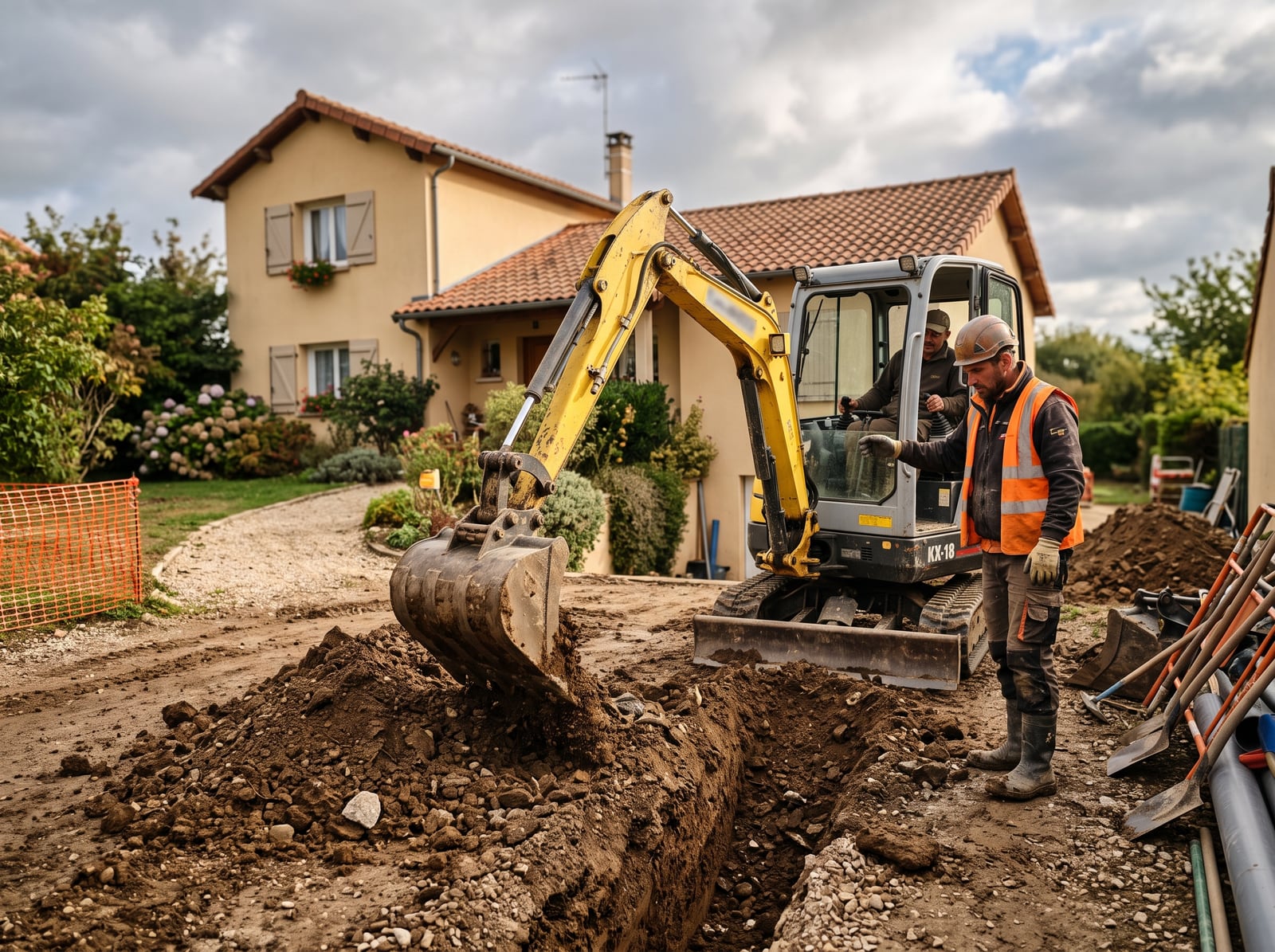 Mini-pelle de location à l'œuvre sur un chantier de pavillon
