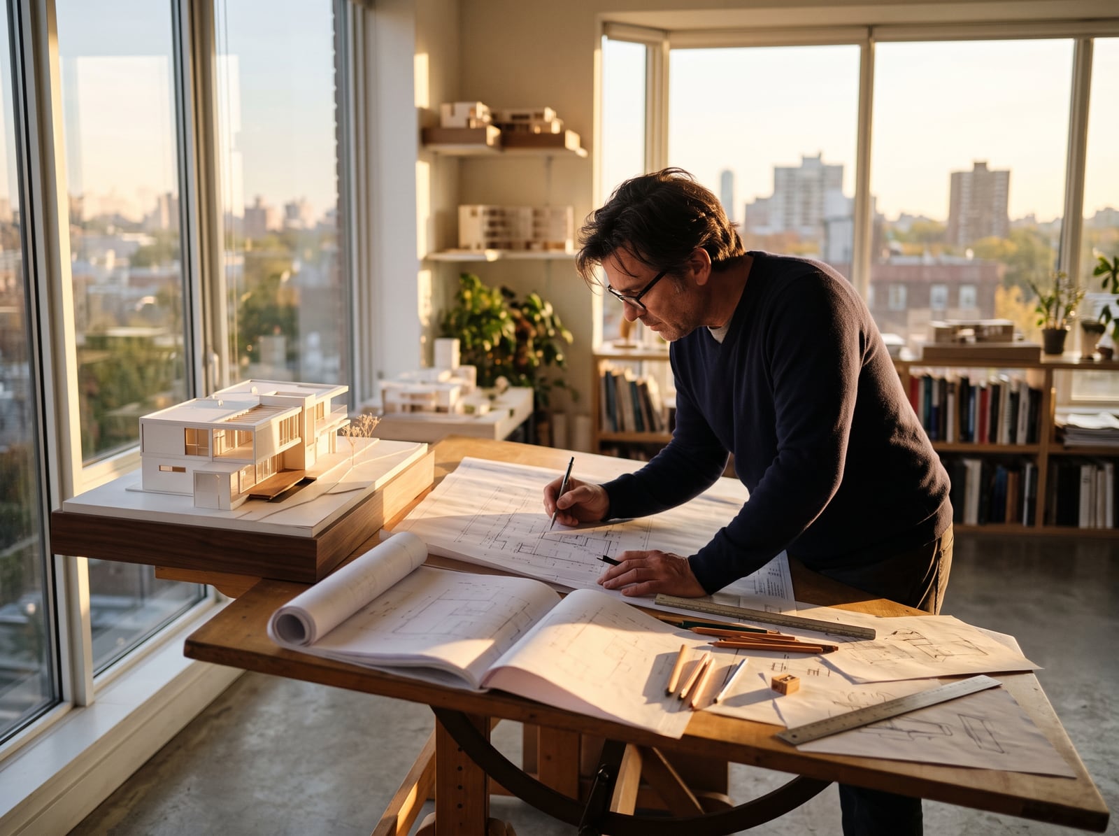 Architecte travaillant sur une maquette près d'une grande baie vitrée
