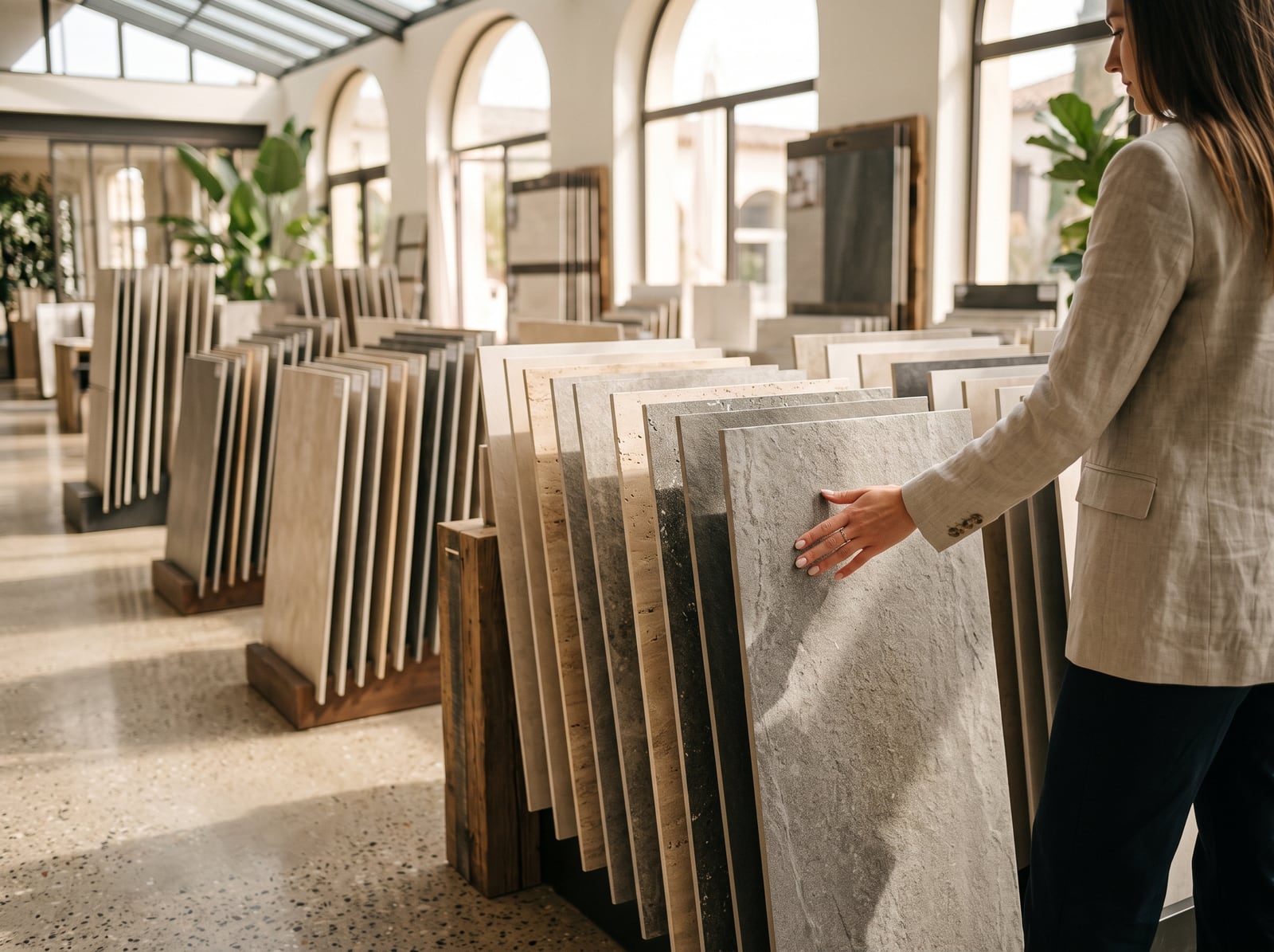 Échantillons de carrelage exposés dans un showroom lumineux