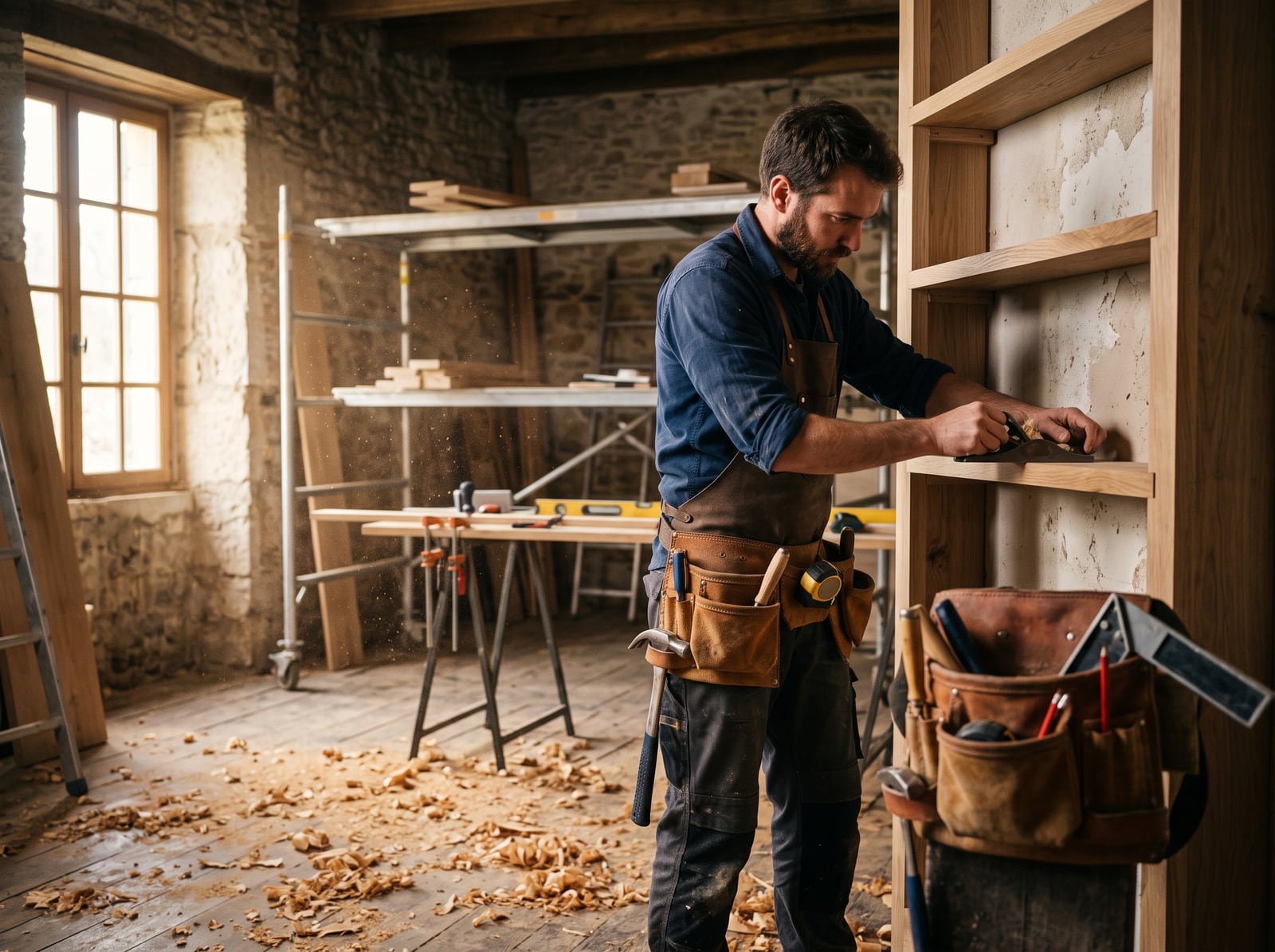 Menuisier installant une étagère en chêne sur un chantier de rénovation